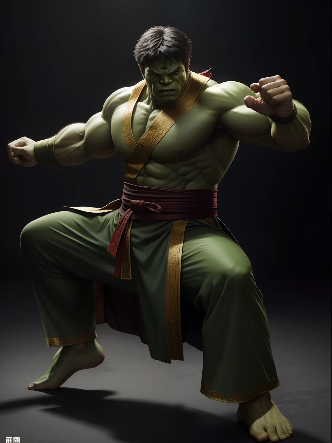 A hulk as a Chinese kungfu master wearing a typical Chinese kungfu master's clothes, cinematic, extreem realistic, extreem detailed, extreem Sharp, full body shot