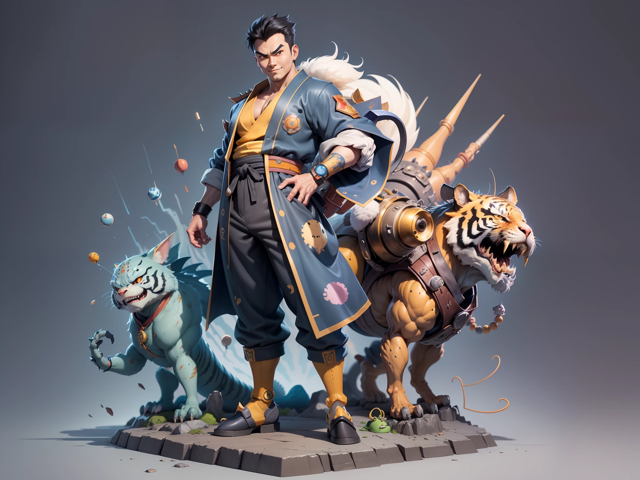 (Masterpiece), (Excellent), (Super Meticulous), (Full Body: 1.2), Super Young Man, Oriental Face, Japanese Kimono, Japanese Wind Thunder God, Dragon, Tiger, TV Anchor, Bust Portrait Illustration, Alone, Black Suit, Blue Tie, Slightly Chubby Face, Very Clean Face, No Beard, Black Super Short Hair, Black Eyes, Confident Smile, 3c Computer Sub-Products, iPad, iPhone, Digital Painting, 3D Character Design by Akira Toriyama and Mark Claireden and Pixar and Hayao Miyazaki, The illustration is a high-definition illustration in 4K resolution with very detailed facial features and cartoon-style visuals.