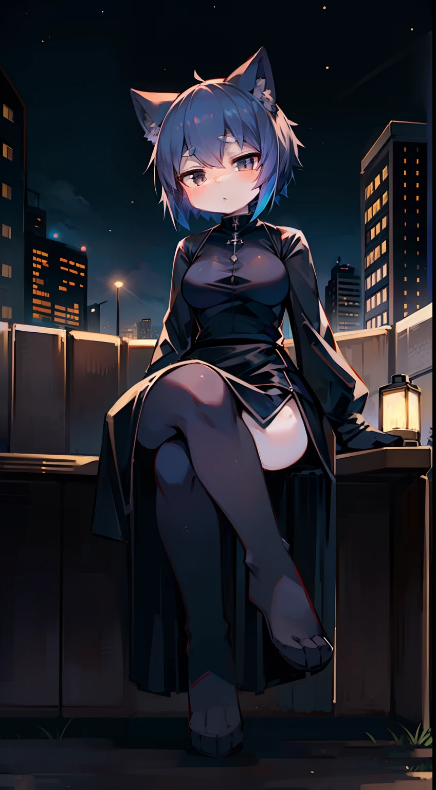 Solo, kemono, female, blue hair, black eyes, wear black dress outfit, look at camera, sit cross-legged, sit in park, park and city background, night time