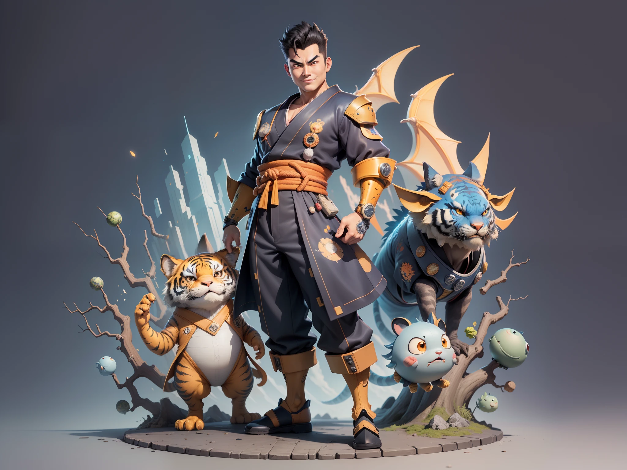 (Masterpiece), (Excellent), (Super Meticulous), (Full Body: 1.2), Super Young Man, Oriental Face, Japanese Kimono, Japanese Wind Thunder God, Dragon, Tiger, TV Anchor, Bust Portrait Illustration, Alone, Black Suit, Blue Tie, Slightly Chubby Face, Very Clean Face, No Beard, Black Super Short Hair, Black Eyes, Confident Smile, 3c Computer Sub-Products, iPad, iPhone, Digital Painting, 3D Character Design by Akira Toriyama and Mark Claireden and Pixar and Hayao Miyazaki, The illustration is a high-definition illustration in 4K resolution with very detailed facial features and cartoon-style visuals.
