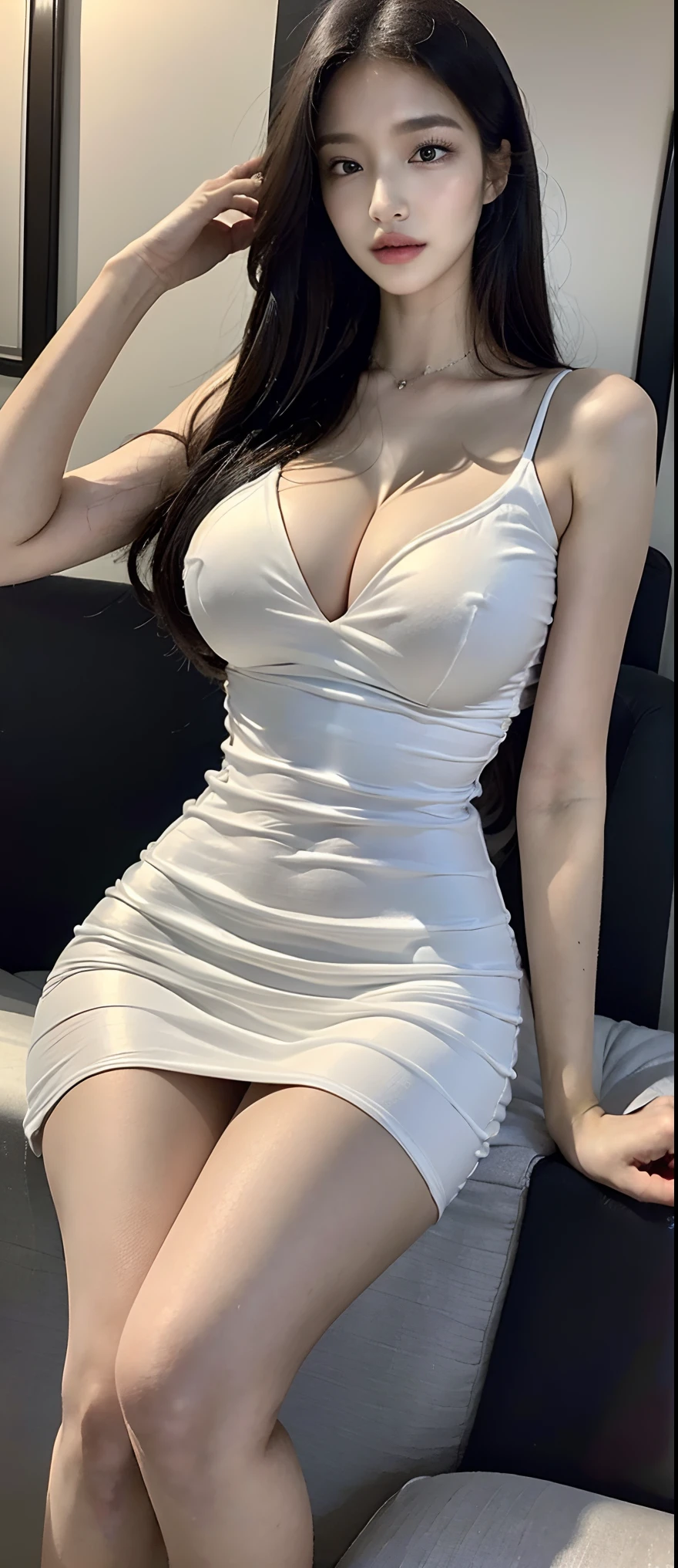 ((top quality, 8k, masterpiece:1.3)), pretty woman, 1 woman, big breasts:1.3, slender figure, slender thigh:1.1, black hair, (dress, sitting), (luxury party), very detailed face, detailed lips, detailed eyes, double eyelids,