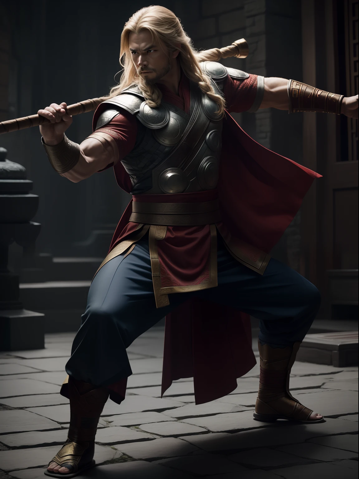 A thor as a Chinese kungfu master wearing a typical Chinese kungfu master's clothes, cinematic, extreem realistic, extreem detailed, extreem Sharp, full body shot