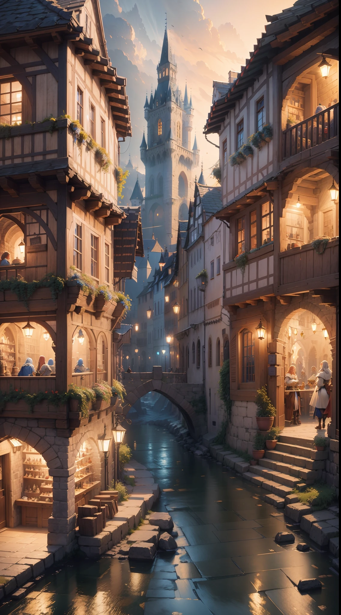 dnd best quality masterpiece atmospheric digital painting artwork 4k 8k highly detailed colorful wealthy (beautiful winding medieval city street:1.2) stone plaster shops taverns people market horses (bright morning light:1.1) particles sunny blue sky mat painting, key visual anime background screencap