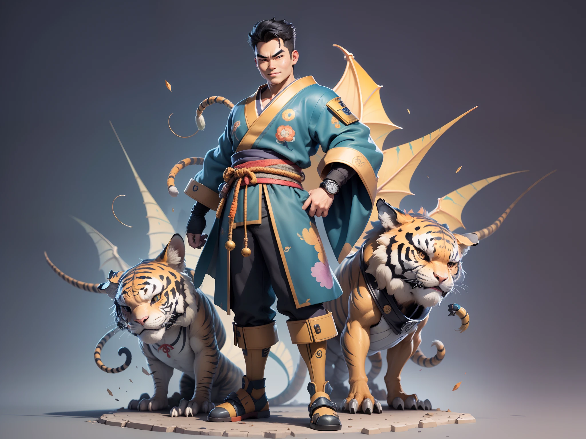 (Masterpiece), (Excellent), (Super Meticulous), (Full Body: 1.2), Super Young Man, Oriental Face, Japanese Kimono, Japanese Wind Thunder God, Dragon, Tiger, TV Anchor, Bust Portrait Illustration, Alone, Black Suit, Blue Tie, Slightly Chubby Face, Very Clean Face, No Beard, Black Super Short Hair, Black Eyes, Confident Smile, 3c Computer Sub-Products, iPad, iPhone, Digital Painting, 3D Character Design by Akira Toriyama and Mark Claireden and Pixar and Hayao Miyazaki, The illustration is a high-definition illustration in 4K resolution with very detailed facial features and cartoon-style visuals.