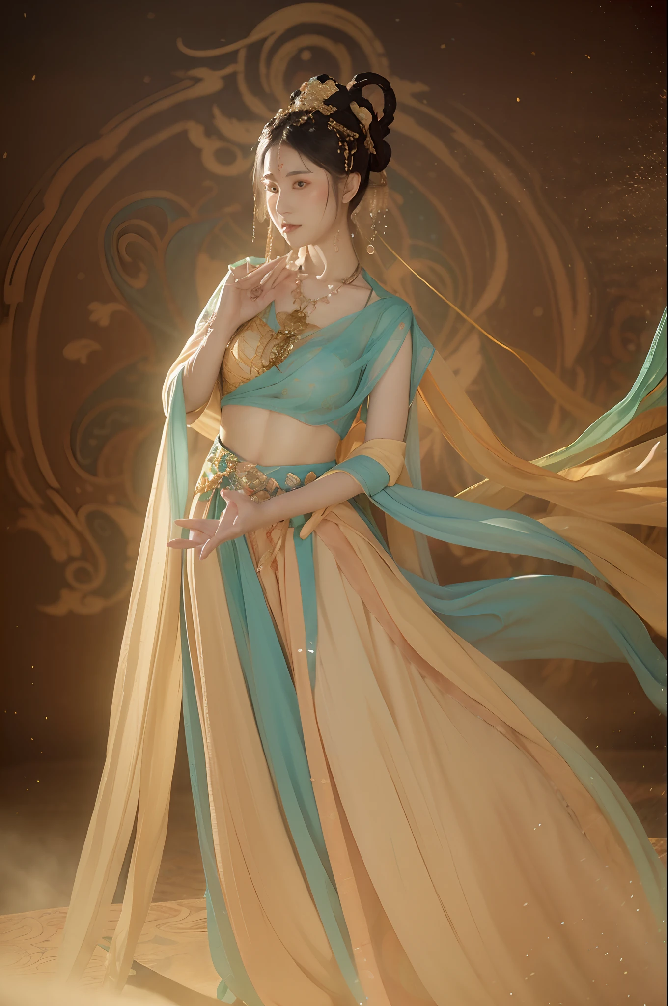 (8k, RAW photo, best quality, masterpiece:1.2), (realistic, photo-realistic:1.4), (extremely detailed CG unity 8k wallpaper), 1 girl solo, dance, dunhuang_dress, dunhuang_style, dunhuang_background,