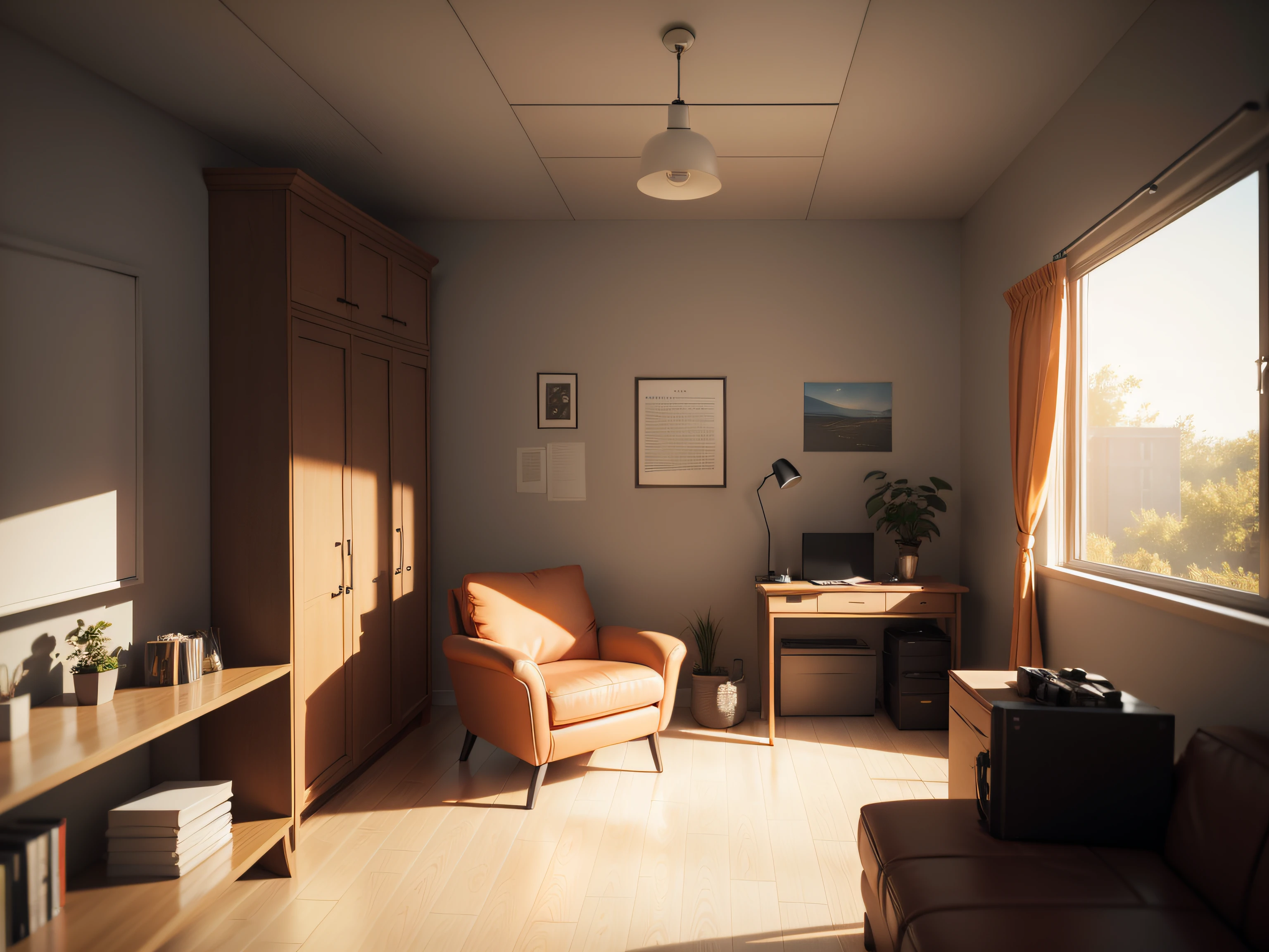 A simple and atmospheric study scene,There is an orange office chair, rendered in cinema 4 d, Rendered in Cinema4D, ultra realistic 3d illustration, high detail illustration,hyper realisitc, cinema 4 d render, cinema4d render, cinema 4d render