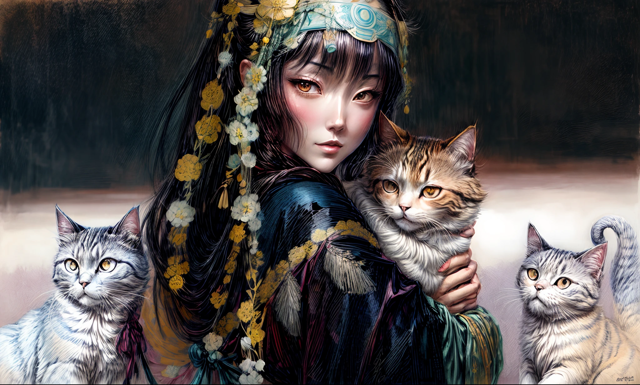 painting of a woman with a cat in her arms, inspired by Yoshihiko Wada, anime art nouveau, korean art nouveau anime, in the art style of ukiyo - e, manara, persian folktale artstyle, in the art style of bowater, inspired by Koryusai Isoda, woman and cat, digital anime illustration