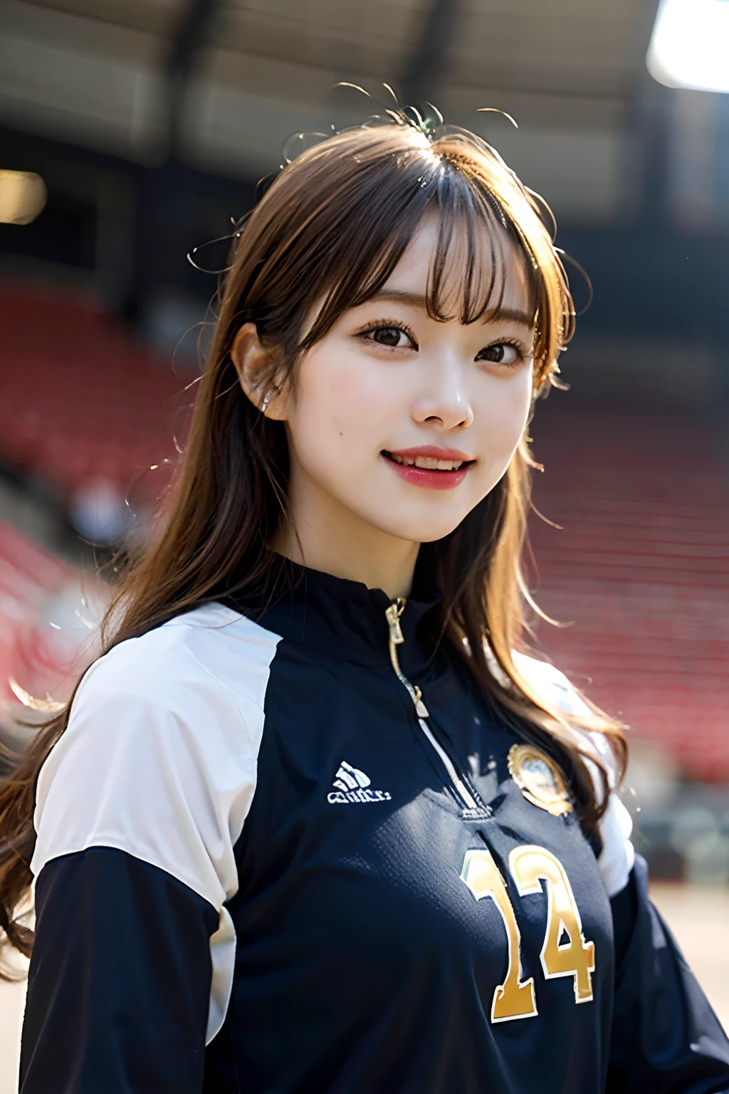 Best quality, masterpiece, ultra high res, (photorealistic: 1.4), highly detailed, professional lighting smile, Stick out the tip of the tongue. Golden-haired black woman playing volleyball, in stadium, tight suit