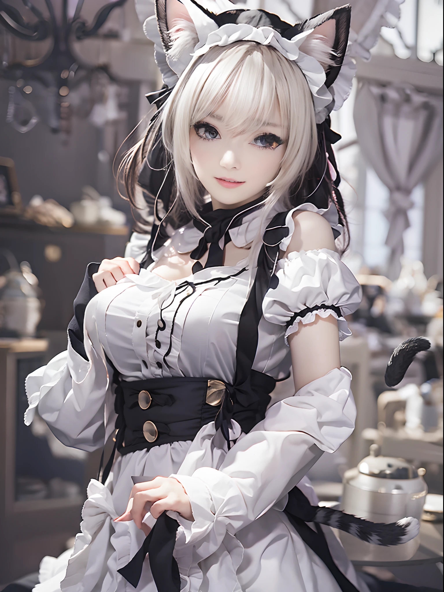 Cat ear details，Seductive eye details，black and white maid clothes，White scarf，Fair and delicate skin，The tail is exposed，Pounce on the desktop，3Drenderingof