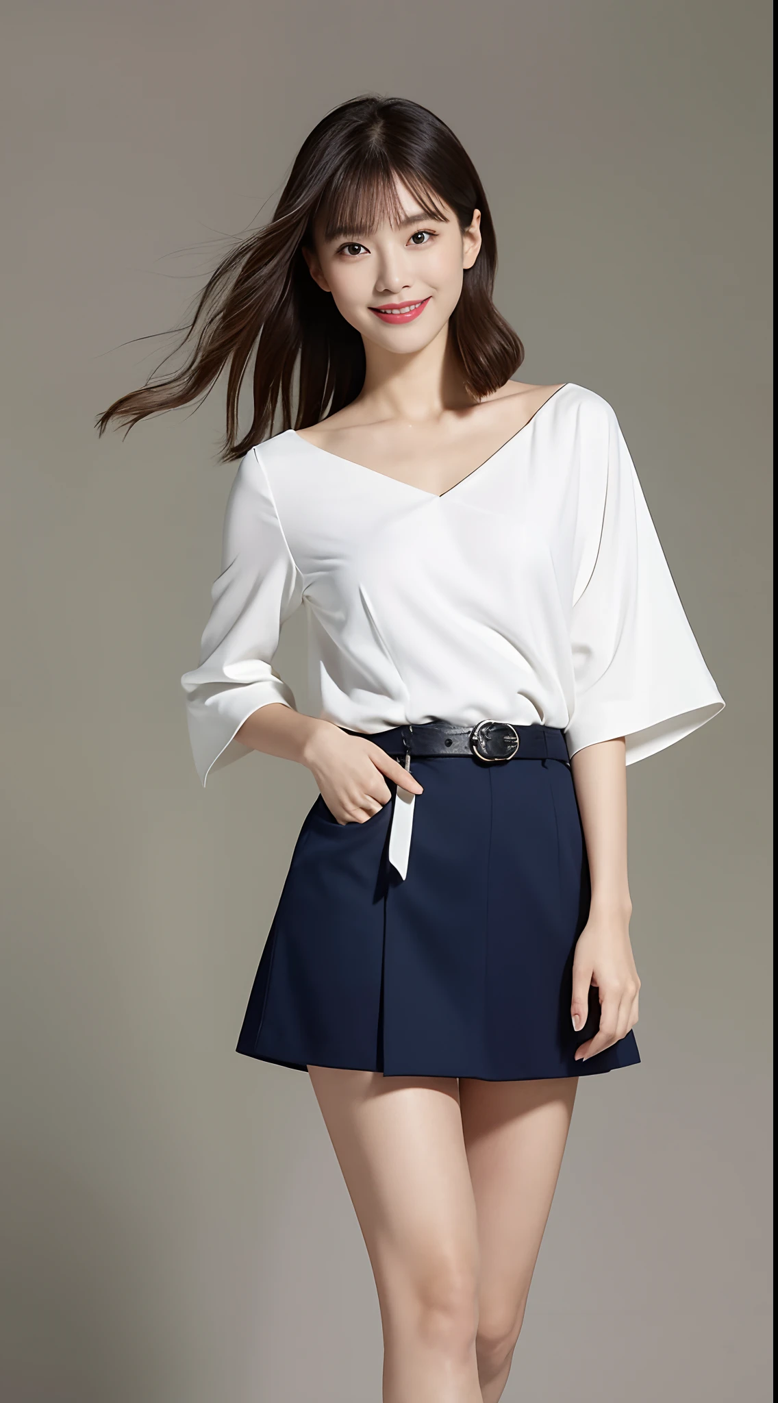 1 Chinese girl, 155 cm, hyper-relastic, smiling, standing, highly detailed, perfect face, awesome body, sexy thighs, perfect feet, hyper-realistic, realistic, soft light, high quality, volumetric light, cinematic light effects, sneak peek, photo, high resolution, original photo, perfect lighting, focus: full body: 1.8, full body shot: vista: 1.9. Imagination, creativity, thinking, personality, being different, this is a brand new product, only in the sky, people can only see here, nowhere else. Fabric selection: Breathable and lightweight chiffon fabric with a soft texture and a pleasant touch.
Placket design: V-neckline (minimum proportion of the neckline) design to show off the collarbone and bust line to highlight the sexiness, while the slim fit highlights the advantages of the figure.
Detailing: Asymmetrical design, you can use special-shaped cuts or extended decorations at the hem of the clothes to increase the sense of fashion.
Main color: the whole is light or pearl white as the main color, can be matched with dark coats and heels, simple and generous, can highlight the dignified temperament of women.
Belt design: Design a fringe-style belt at the waist, echoing the skirt, raising the fashion of the overall wear, and can effectively modify the figure to create a glamorous charm.
Omit design: Omit excessive embellishments at the cuffs and neckline to create a simple and elegant style with a unique brand character.
Celebrity temperament: Through the curved and slim design, highlight the advantages of women's figure, and at the same time use silk fabric as the lining material, exuding a sense of quality and celebrity temperament.
Age-reducing design: Add a bow or ruffle detail to the hem to create a relaxed and natural sense of vitality for an age-reducing effect.
Gentle femininity: Starting with fabrics and cuts, focus on creating comfort and smooth lines to express feminine femininity.
Hopefully, the above design solutions can meet your needs, and th
