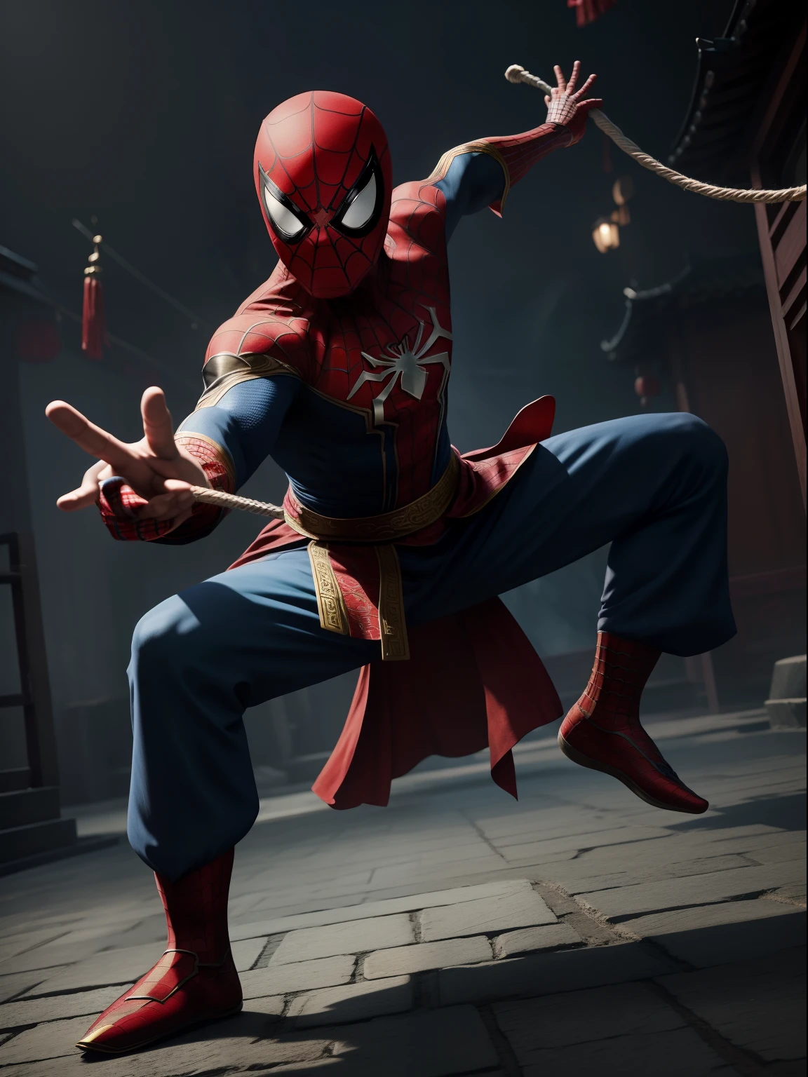 A spiderman as a Chinese kungfu master wearing a typical Chinese kungfu master's clothes, cinematic, extreem realistic, extreem detailed, extreem Sharp, full body shot