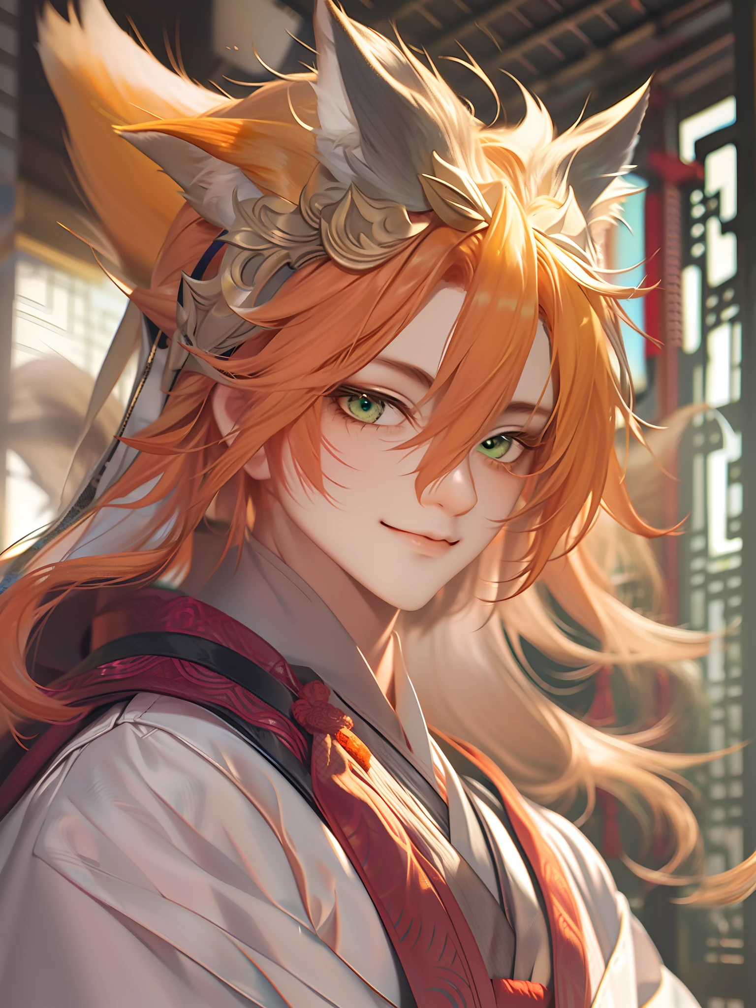 Best quality at best，tmasterpiece，very detailed wallpaper，long whitr hair，Beast pupils，Green eyes，Hide arms，bblurry，longer sleeves，blur backgroun，独奏，1boy，mature，Handsome and handsome，Orange hair，fox ear，Chinese outfit，malefocus，looking at viewert，robe，hair adornments, ssmile