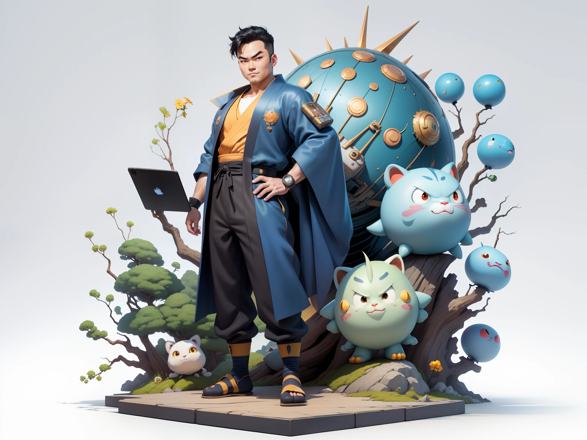 (Masterpiece), (Excellent), (Super Meticulous), (Full Body: 1.2), Super Young Man, Oriental Face, Japanese Kimono, Japanese Wind Thunder God, Dragon, Tiger, TV Anchor, Bust Portrait Illustration, Alone, Black Suit, Blue Tie, Slightly Chubby Face, Very Clean Face, No Beard, Black Super Short Hair, Black Eyes, Confident Smile, 3c Computer Sub-Products, iPad, iPhone, Digital Painting, 3D Character Design by Akira Toriyama and Mark Claireden and Pixar and Hayao Miyazaki, The illustration is a high-definition illustration in 4K resolution with very detailed facial features and cartoon-style visuals.