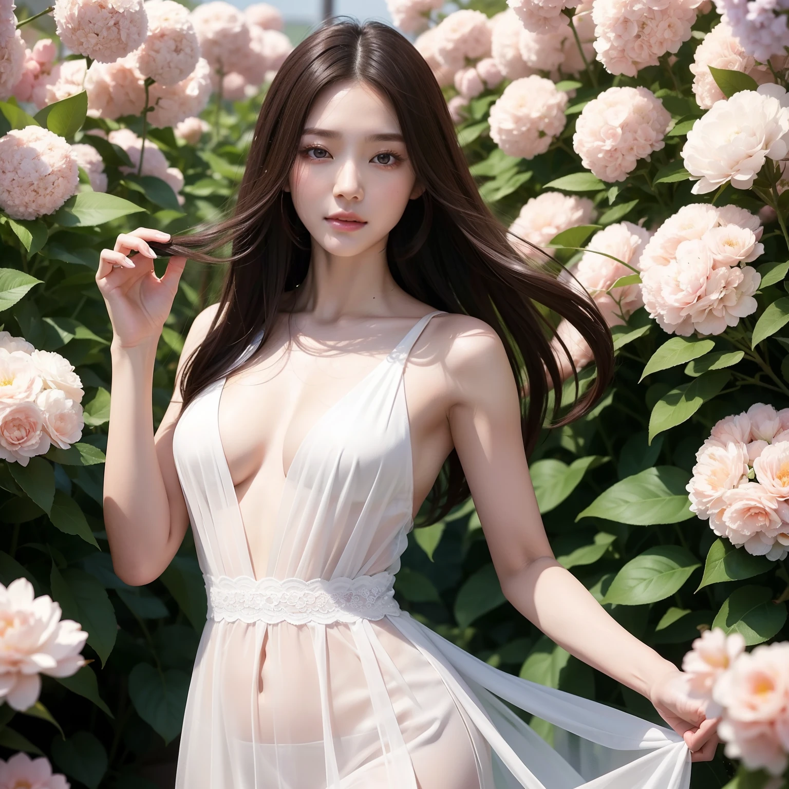 A world full of flowers。In a sea of flowers,A tall figure,A woman with a lot of fruit,Women have long straight legs,goodlooking,The woman's long hair is scattered,The white neck is like jade,The collarbone is delicate,The woman's face is fair and good-looking,Apricot eyes,Delicate and captivating。
The woman's cheeks were red,She walked slowly,The eyes are elastic,Exudes endless affection。