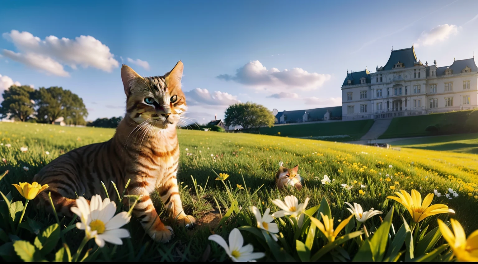 Yellow cat,palaces,with blue sky and white clouds,grassy fields,fresh flowers,Close-up,Realisticstyle