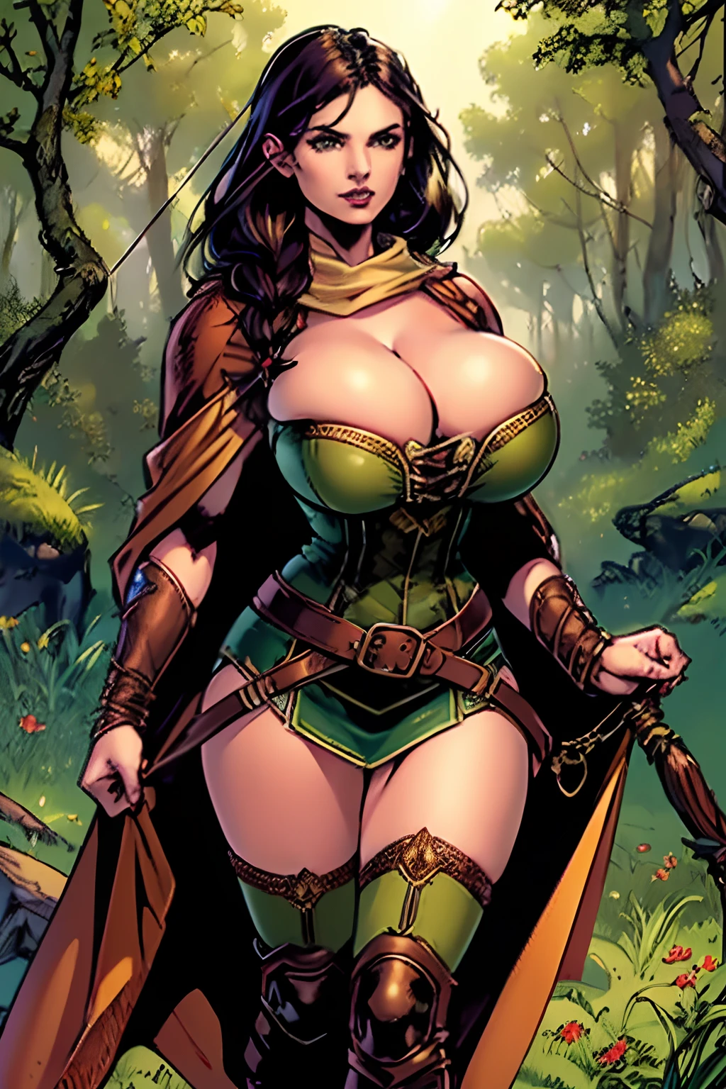 (masterpiece, top quality, best quality, official art, beautiful and aesthetic:1.2), (1girl:1.3), dark brown hair in a single braid, extremely detailed, portrait, looking at viewer, solo, (full body:0.6), detailed background, close up, cat eyes, (warm summer forest theme:1.1), (elf) ranger, charlatan, smirk, mysterious, walking in forest, revealing ranger attire, brown leather, cowl, cloak, corset, long boots, buckles, straps, pouches, bow and arrow, green fabric, brown leather, ((((gigantic breasts, cleavage, skindentation)))), slim waist, slim hips, long legs, medieval (forest exterior:1.1) background, dark mysterious lighting, shadows, magical atmosphere, dutch angle