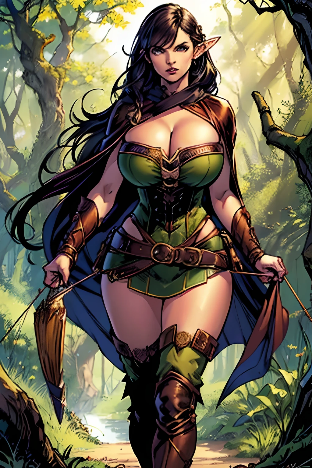 (masterpiece, top quality, best quality, official art, beautiful and aesthetic:1.2), (1girl:1.3), dark brown hair in a single braid, extremely detailed, portrait, looking at viewer, solo, (full body:0.6), detailed background, close up, cat eyes, (warm summer forest theme:1.1), (elf) ranger, charlatan, smirk, mysterious, walking in forest, revealing ranger attire, brown leather, cowl, cloak, corset, long boots, buckles, straps, pouches, bow and arrow, green fabric, brown leather, ((((gigantic breasts, cleavage, skindentation)))), slim waist, slim hips, long legs, medieval (forest exterior:1.1) background, dark mysterious lighting, shadows, magical atmosphere, dutch angle