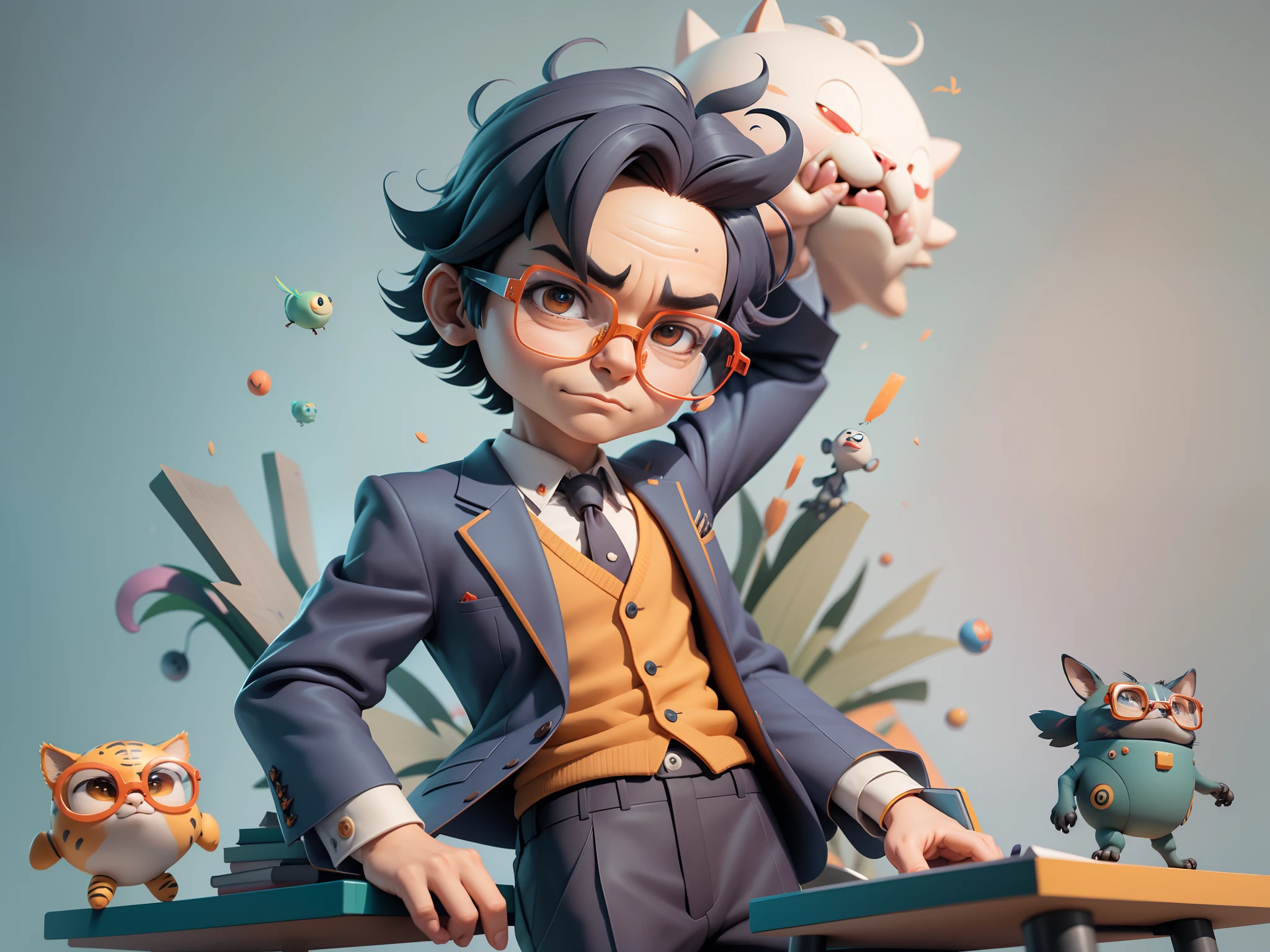 A young man in a suit, Short hair and glasses sat at his desk,holding laptop,digitial painting,tigre,3D character design by Mark Clairen and Pixar and Hayao Miyazaki and Akira Toriyama,4K HD illustration,Very detailed facial features and cartoon-style visuals。