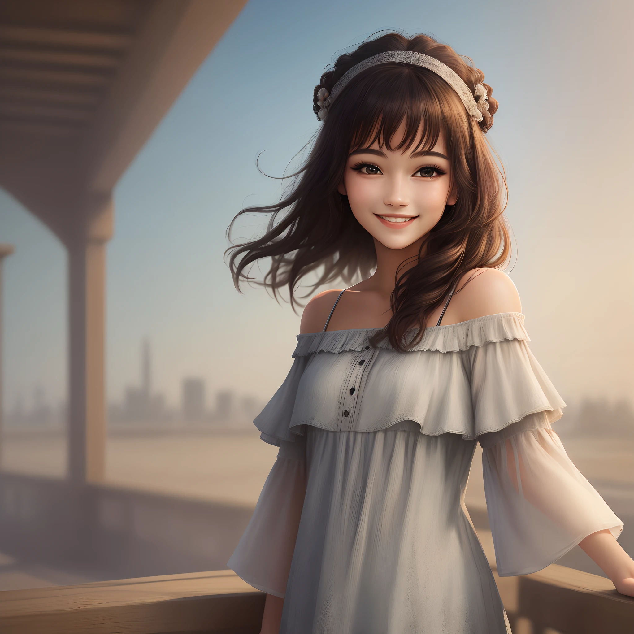 best quality, masterpiece, ultra high res, photorealistic, 1girl, offshoulder, smile