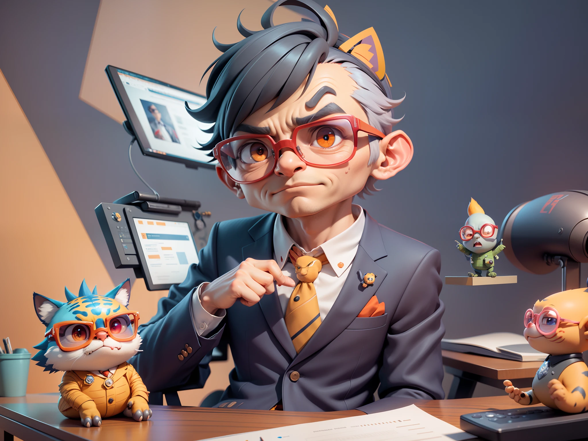 A young man in a suit, Short hair and glasses sat at his desk,holding laptop,digitial painting,tigre,3D character design by Mark Clairen and Pixar and Hayao Miyazaki and Akira Toriyama,4K HD illustration,Very detailed facial features and cartoon-style visuals。