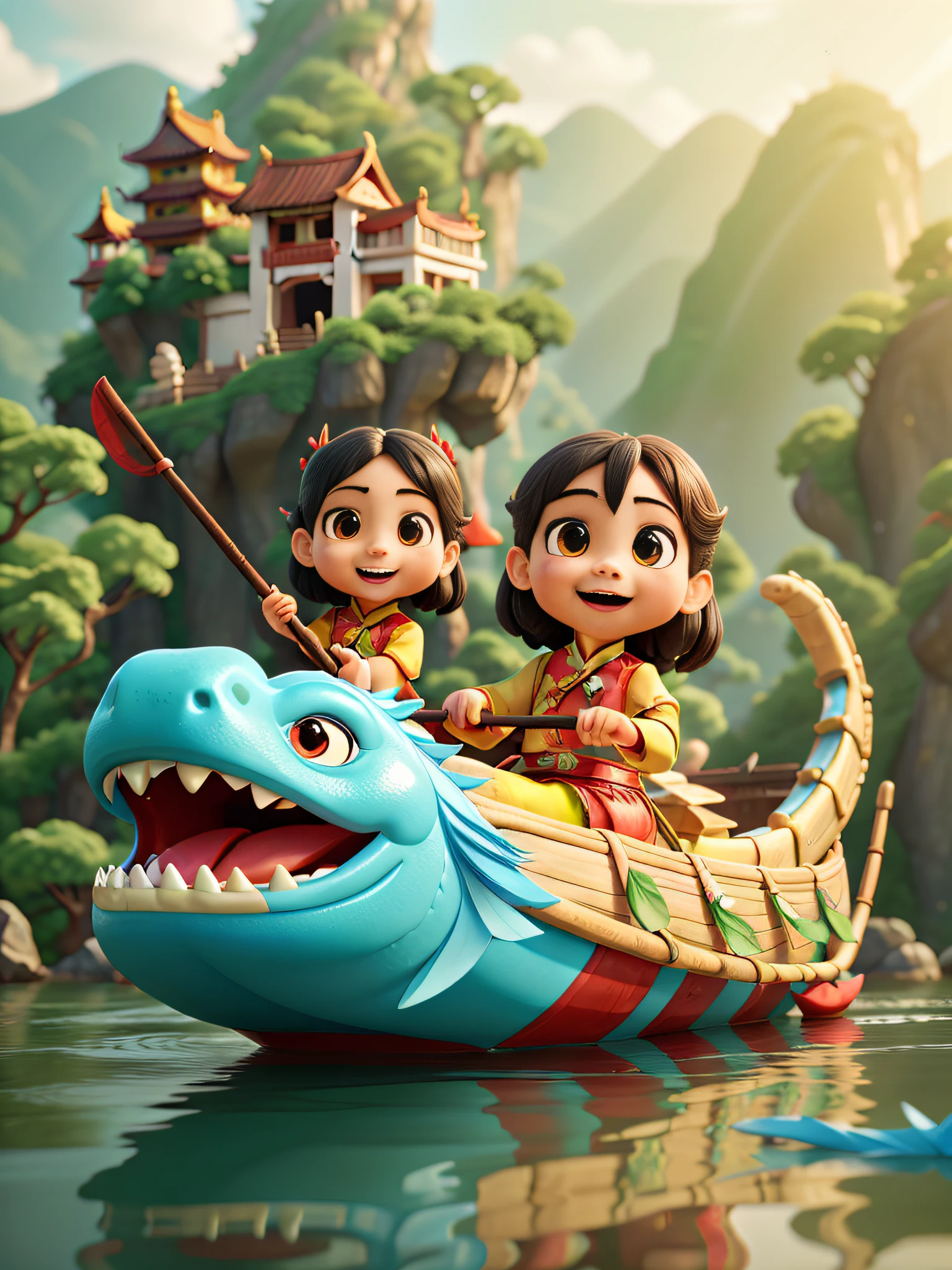 Children in Chinese costume rowing dragon boat,Exquisite features, Happy expression, Lively atmosphere,Chinese dragon and horn, Chinese Dragon, traditional Chinese festivals, Dragon boat festival, rice dumpling, water, dragon boats, Summer, Chinese wind,A hillside looming in the distance,3D art, C4D, 3D rendering of, Light and shadow, Depth of field, Best quality 8k,(style expressive),rainwater,adolable,best qualtiy