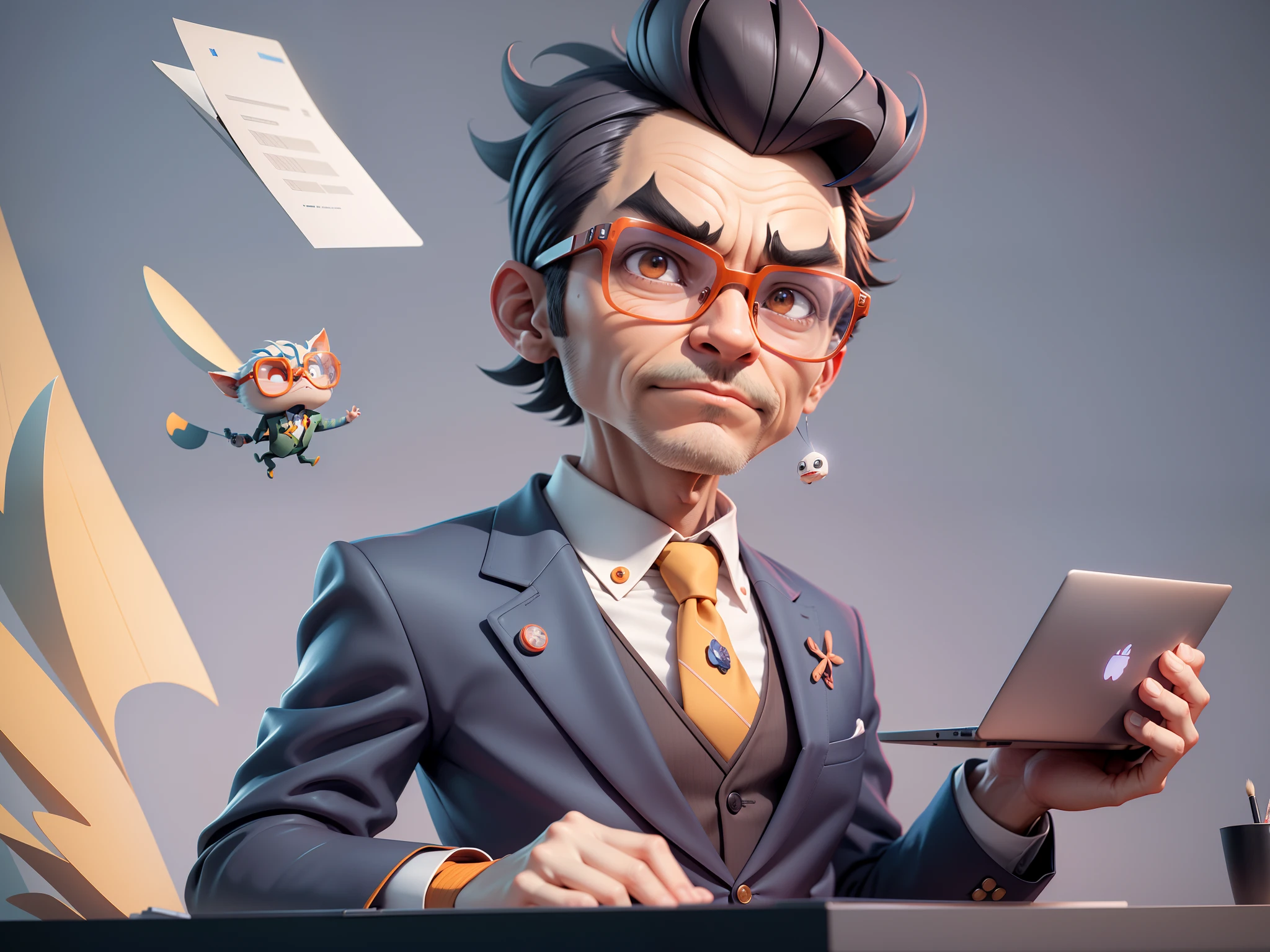 A young man in a suit, Short hair and glasses sat at his desk，holding laptop，digitial painting，tigre，3D character design by Mark Clairen and Pixar and Hayao Miyazaki and Akira Toriyama，4K HD illustration，Very detailed facial features and cartoon-style visuals。