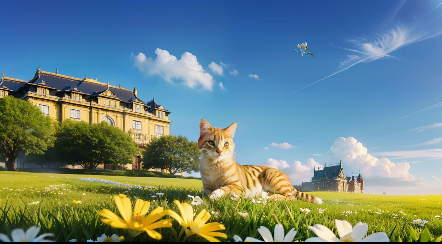 Yellow cat，palaces，with blue sky and white clouds，grassy fields，fresh flowers，Close-up，Realisticstyle