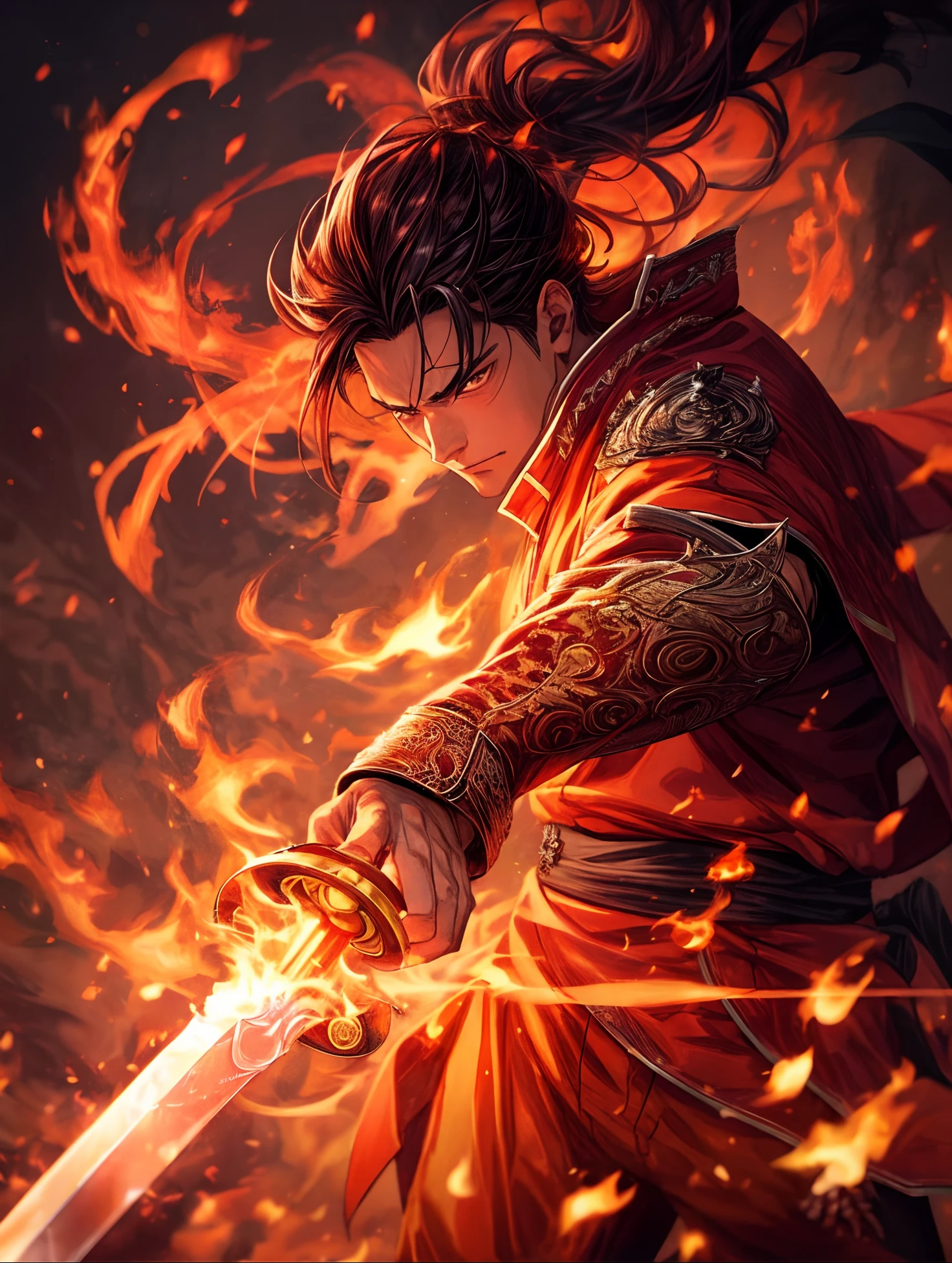 a man with a sword in his hand and flames around him, holding a flaming sword, wielding a flaming sword, graphic artist magali villeneuve, flaming sword, handsome guy in demon slayer art, fire mage, by Yang J, fire behind him, wielding fire, flaming katana, epic fantasy digital art style, flame spell, firebending, fire spell