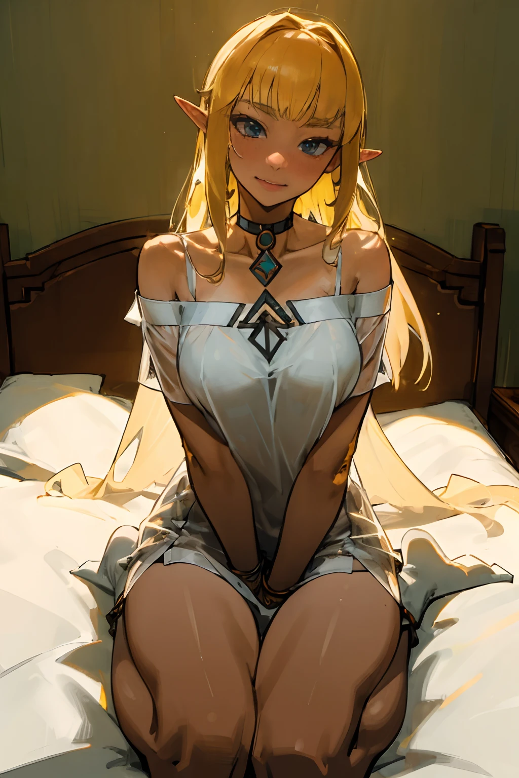 masterpiece, best_quality, (woman:1.8), (adult:1.67), solo, princess zelda, the legend of zelda, sksw, silk, white dress, large luxury bedroom, nightgown, short dress, collar, choker, (bare shoulders), blushing, (straight back), ( cuffs), (legs together),(smiling:0.4),(blushing:0.7), (facing viewer), (looking at viewer), thin, translucent, see-through, stockings,  sitting on edge of bed, (large breasts), (from below:0.5), (shy:0.6)