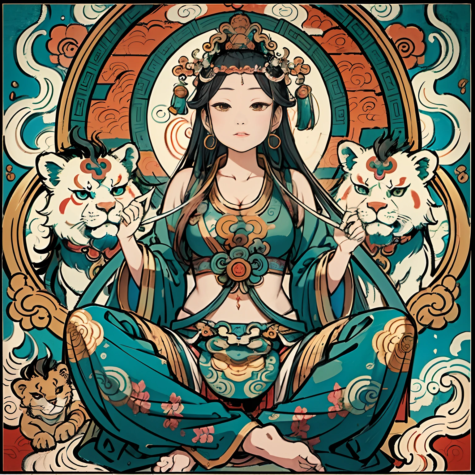 an ancient Chinese goddess, guanyin of the southern seas, Guanyin, Inspired by India, Avalokiteshvara rides a lion,,Serene expression,shui mo hua,Buddha,Buddhist,Lotus,Chinese painting style,Thangka style