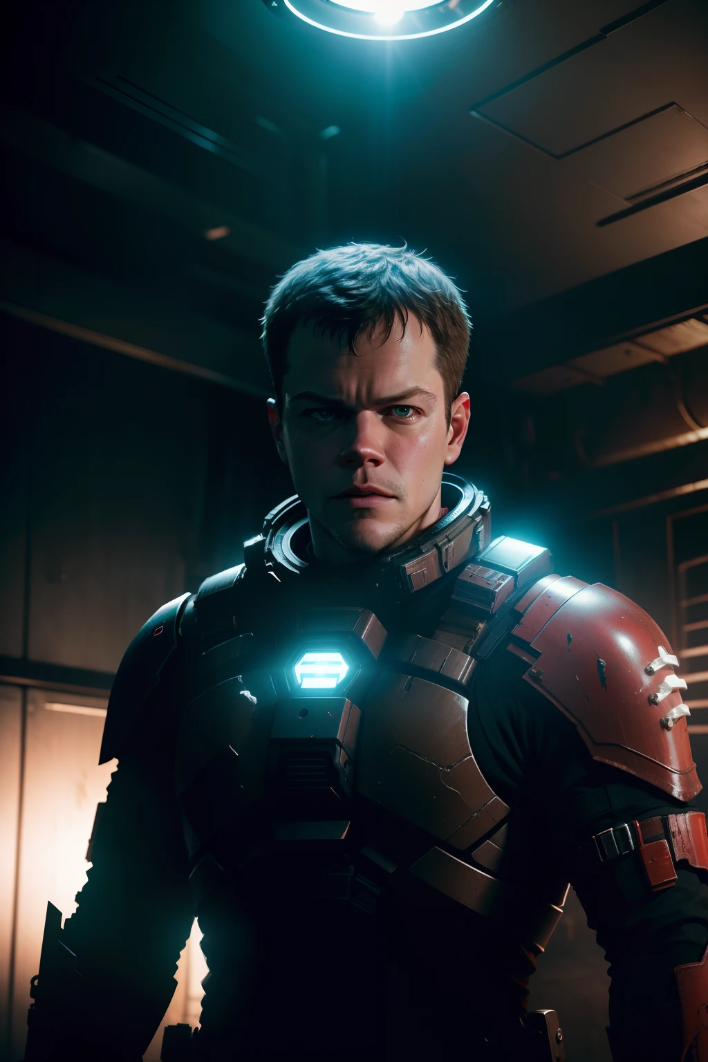 Sci Fi Horror Dead Space Matt Damon and Amy Adams on Ishimura Haunted Ship surrounded by deadspace slashers photography, natural light, photorealism, cinematic rendering, ray tracing, the highest quality, the highest detail, Cinematic, Third-Person View, Blur Effect, Long Exposure, 8K, Ultra-HD, Natural Lighting, Moody Lighting, Cinematic Lighting red spooky lighting