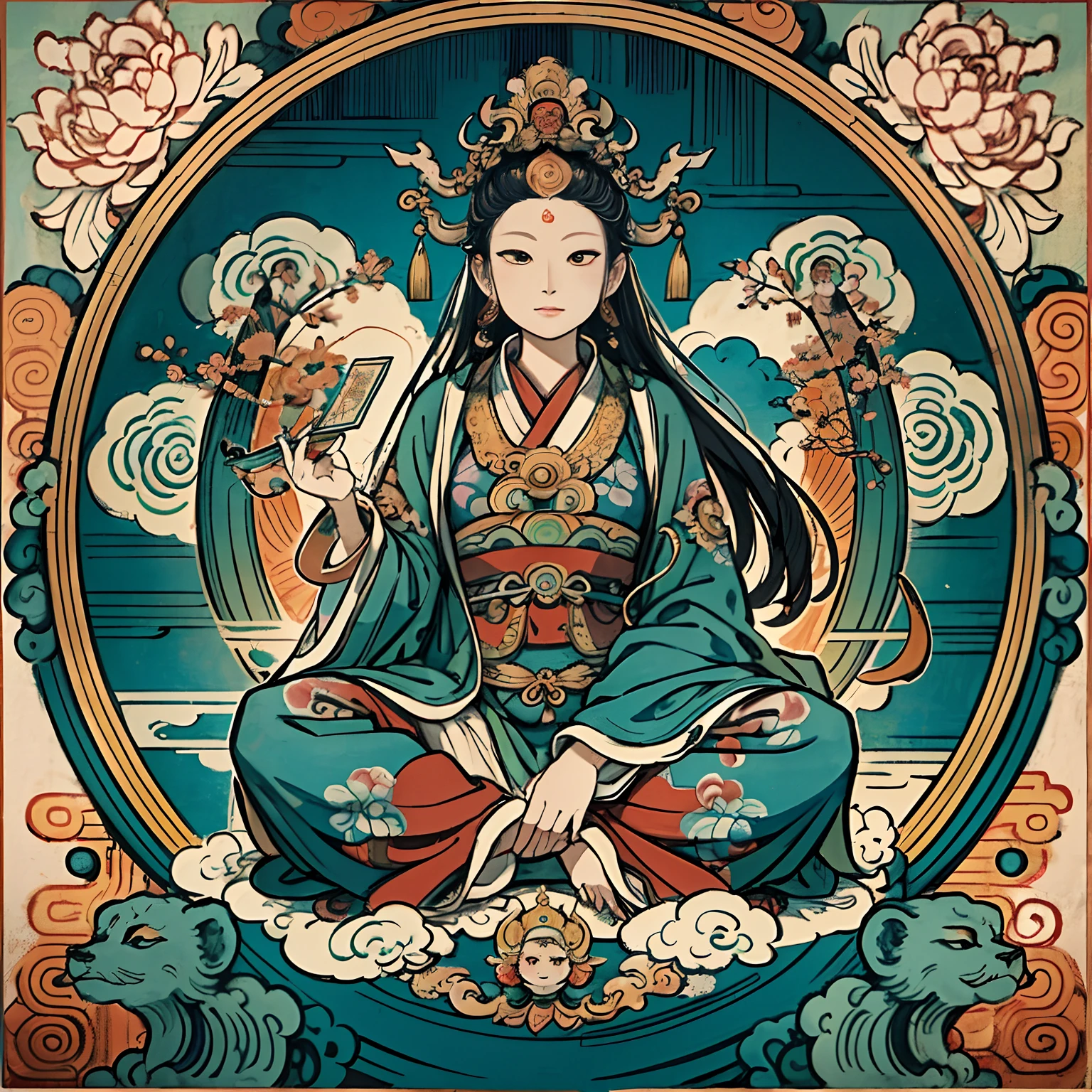an ancient Chinese goddess, guanyin of the southern seas, Guanyin, Inspired by India, Avalokiteshvara rides a lion，,Serene expression,shui mo hua,Buddha,Buddhist,Lotus,Chinese painting style,Thangka style