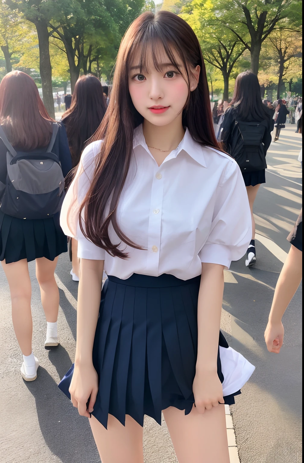 Close up portrait of woman walking in park in uniform、Japan Person Model、Young Sensual Gravure Idol、Young cute gravure idol、Realistic Young Gravure Idol、Realistic sensual gravure idol、Young gravure idols、sophisticated gravure idol、奈良美智、Young skinny gravure idol、beautifull asian girl ever、oppai、full body Esbian、clong legs、Flip up the skirt yourself、Show your pants、Skirt flipping、Turn it over yourself、Show your pants、white panties、Pubic hair shows through、Taking off pantie、Show panties in white panties、Putting Hands in Pantys、I'm masturbating、String bread、Pull up your skirt to show your panties、Exposed panties、white panties、String bread、Sexy very detailed CG Unity 8k wallpaper、top-quality、ultra-detailliert、masterpiece、realisitic、Photo Real、extremely detailed cute girl、20yr old、(skirt rift)、((skirt lift by yourself))、Black panties、panties focus、red blush、cparted lips、looking at the viewers、Semi-body shot、Wearing a ruffled shirt、(crowd)、(Crowded city)、bluntbangs
