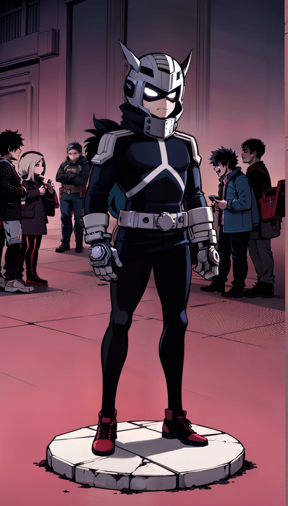 My Hero Academia style, anime boy, male, young male, trending on artstation pixiv, (full body shot:0.5), Masterpiece, fullbody suit, Hero costume, Head Covering, Helmet, Face Covering, Mask, Perfect Anatomy, Super Detailed,
