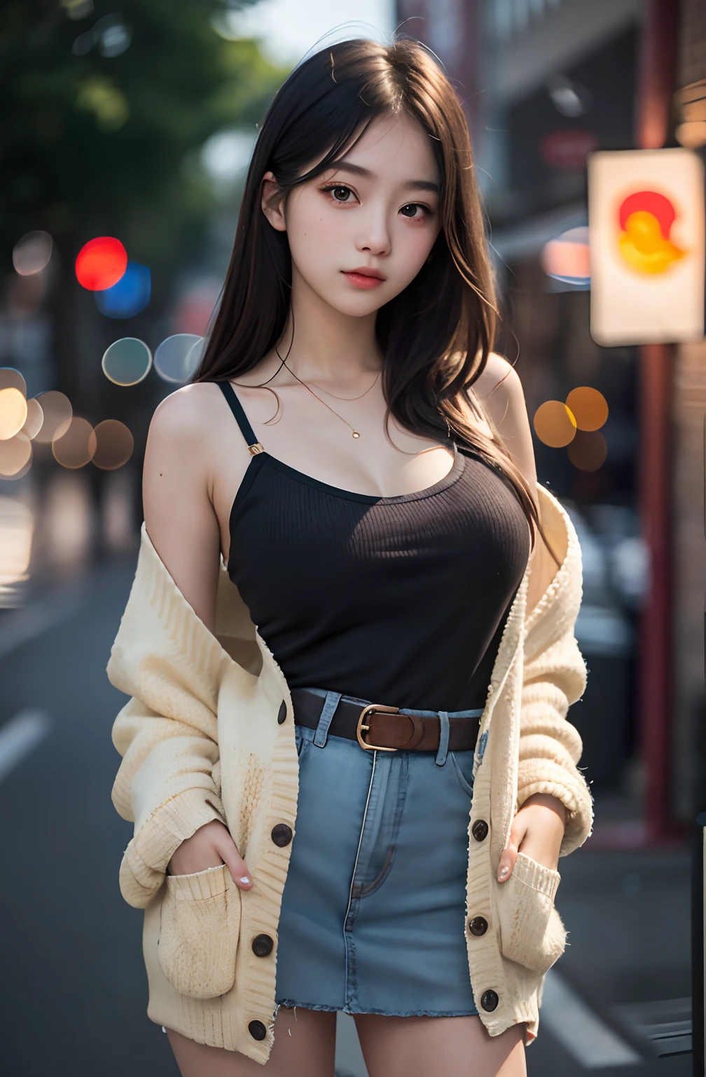 1girl, cute, 16 years old, seductive expression, While looking at the camera, spaghetti strap top, high waist short skirt, photo, realistic, best quality, hires, detailed face, detailed background, diffused lighting, depth of field, bokeh, cardigan