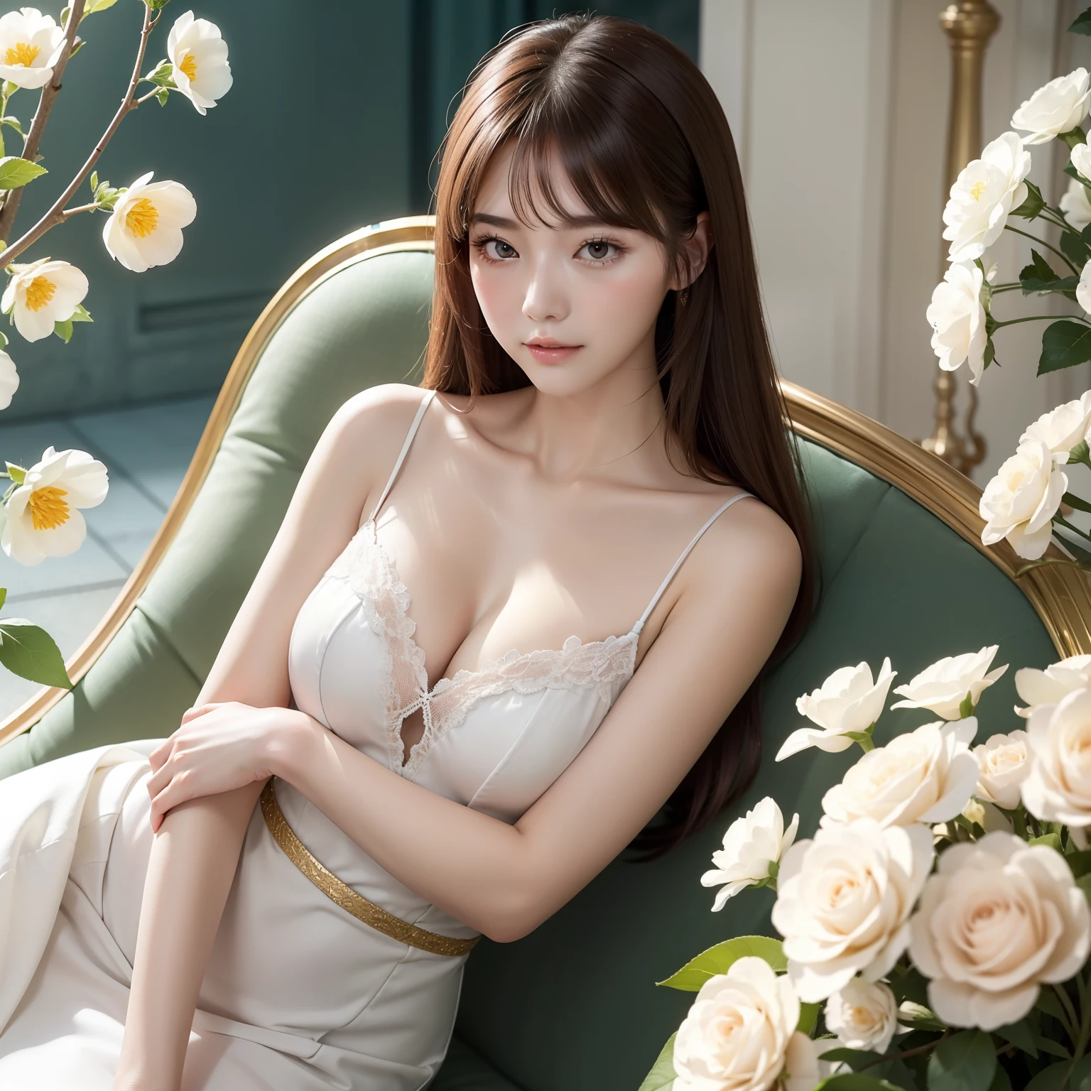 A world full of flowers。In a sea of flowers,A tall figure,A woman with a lot of fruit,Women have long straight legs,goodlooking,The woman's long hair is scattered,The white neck is like jade,The collarbone is delicate,The woman's face is fair and good-looking,Apricot eyes,Delicate and captivating。
The woman's cheeks were red,She walked slowly,The eyes are elastic,Exudes endless affection。