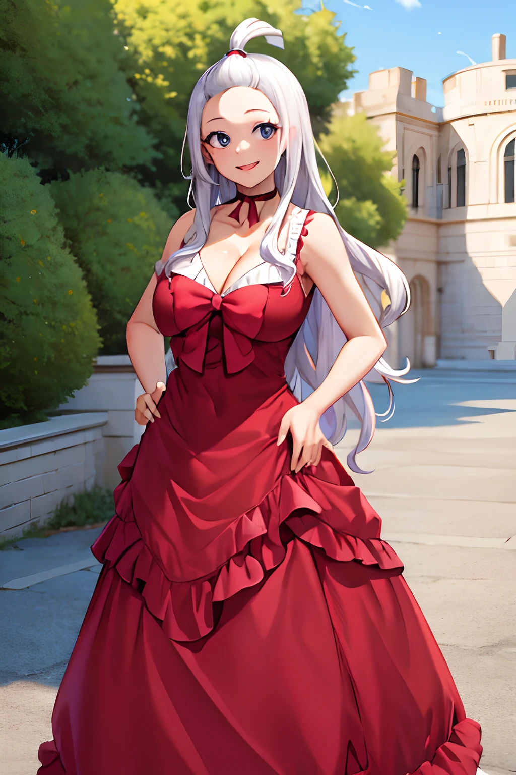 masterpiece, best quality, highres, aamira, long hair, bangs pinned back, topknot, forehead, choker, bare shoulder, cleavage, red dress, frilled dress, bow, sleeveless, outdoors, smile, hand on hip, open mouth,