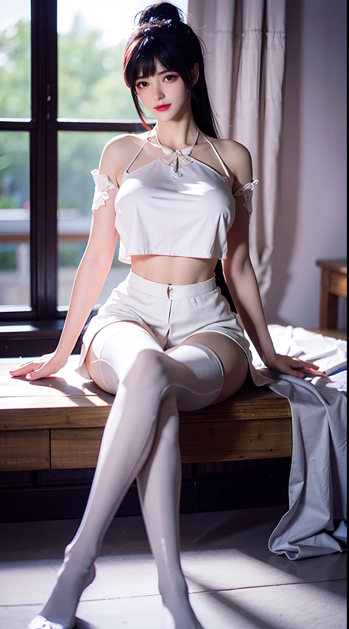 street corner,Single horsetail,side pony tail,High ponytail,Tall figure,Long legs,(Sleeveless lace shirt),(shorter pants),((Striped stockings)),((Striped stockings)),Walking,ellegance,Dignified,Charming,As graceful as a swan,Sweet smiling,Strong sense of detail and layering,Rich and gorgeous colors,It has a unique texture,rich colours,Color harmony,Vivid painting,The art of design,16k,ultra - detailed,{{illustration}},{Extremely refined and beautiful},{Delicate makeup},Super meticulous,Delicate glowing eyes,{{cinematric light}},Extreme light efficiency,model: Realistic cinema, CFG scale: 12, the lora: Bright texture(1.35),high high quality,A masterpiece,Delicate portrayal of facial features,Delicate hair portrayal,Delicate eye portrayal,tmasterpiece,HighestQuali,Ray traching,Extremely detailed Cg Unity 8K wallpaper,Masterpiece, Best quality,(1个Giant Breast Girl),Perfect female body,(Breast enlargement:D cup),(((tight white t shirt))),beautidful eyes,(delicated face),with short black hair,Hair tied up,Light blue hairpin,Black silk rimmed glasses,in class room,(White skin of the),(BEST lighting),(ultra intricately detailed),4K unification,(Ultra-detailed CG),Fair legs are exposed,stocklings,hot pant,shorter pants,