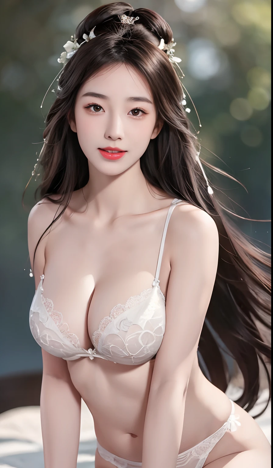 (long whitr hair:1.6),Floating hair,(White ribbon on hair),best qualtiy,tmasterpiece,illustratio,Extremely Delicately Beautiful,extremely detaile,CG,8k wallpaper,astounding,finedetail,tmasterpiece,best qualtiy,offcial art,the Extremely Detailed CG Unity 8K Wallpapers,Incredibly Ridiculous res,hugefilesize,A high resolution,extremely detaile,Beautiful Meticulous Girl,extremelydetailedeyesandface,beatiful detailed eyes,light in face,full bodyesbian,(full bodyesbian),tmasterpiece,Ultra photo realsisim,32K,best qualtiy,She was born beautiful,One shoulder,Perfect collarbone,Long black hair that reaches the waist,Big chest,deep v big breasts,She bent over,Camera exposure,She looked up,smiling at camera。She wears only white lace briefs for her lower body,Lace,Reveal a delicate and perfect navel,Fair skin all over the body,Smooth and elastic。