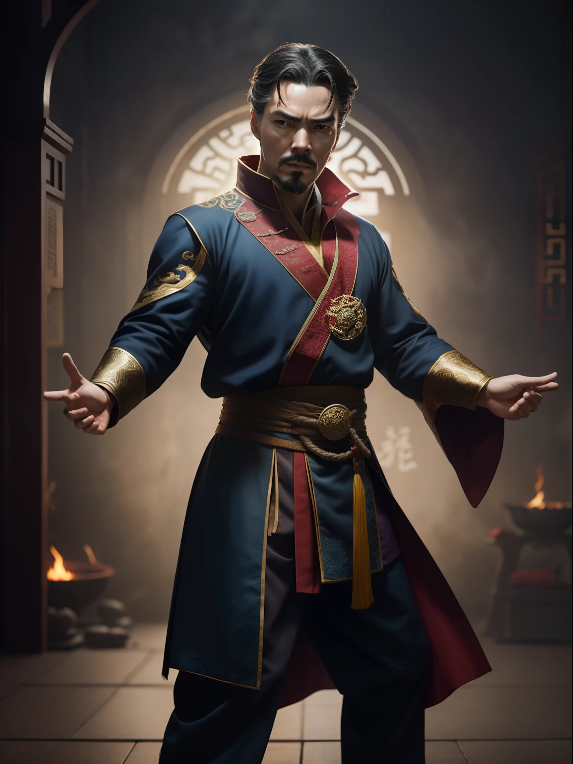 A dr. strange as a Chinese kungfu master wearing a typical Chinese kungfu master's clothes, cinematic, extreem realistic, extreem detailed, extreem Sharp, full body shot