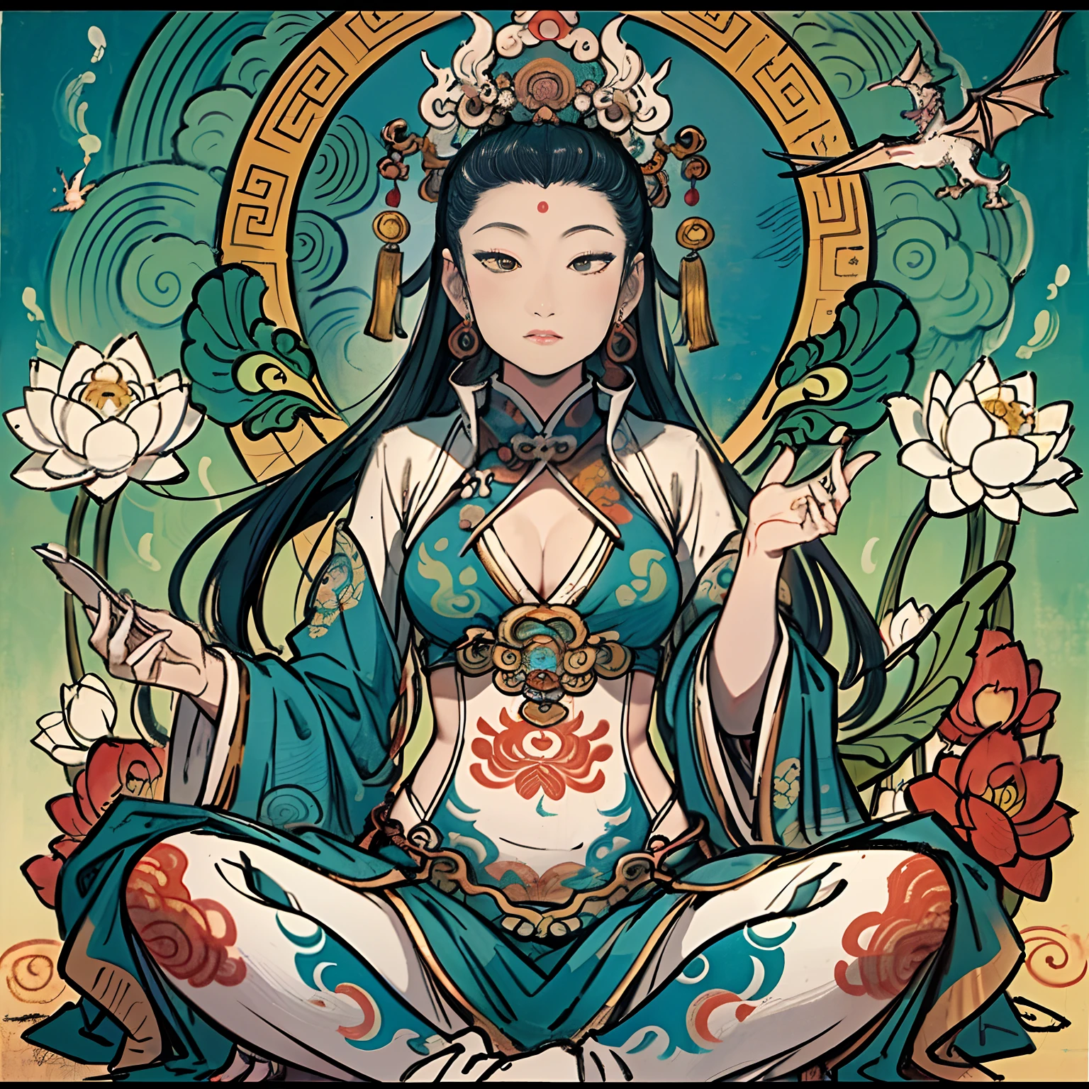 an ancient Chinese goddess, guanyin of the southern seas, Guanyin, Inspired by India, Avalokiteshvara rides a dragon，,Serene expression,shui mo hua,Buddha,Buddhist,Lotus,Chinese painting style,Thangka style