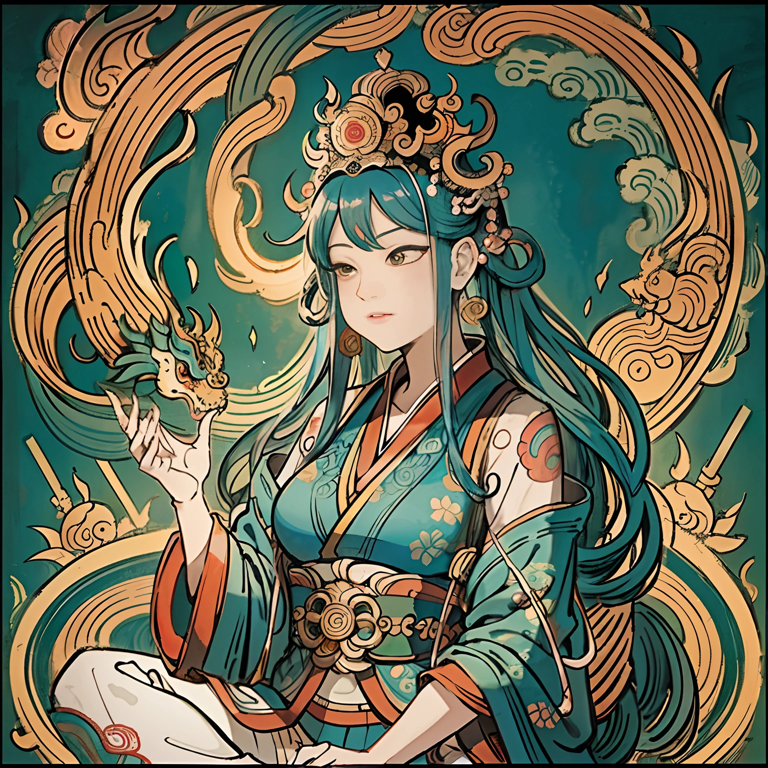 an ancient Chinese goddess, guanyin of the southern seas, Guanyin, Inspired by India, Avalokiteshvara rides a dragon，,Serene expression,shui mo hua,Buddha,Buddhist,Lotus,Chinese painting style,Thangka style