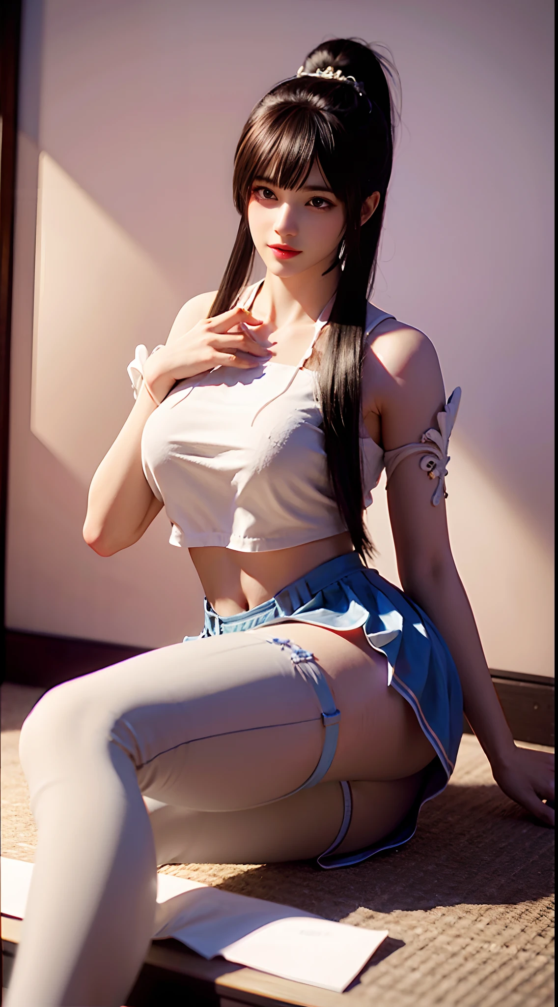 street corner,Single horsetail,side pony tail,High ponytail,Tall figure,Long legs,(Sleeveless lace shirt),(shorter pants),((Striped stockings)),((Striped stockings)),Walking,ellegance,Dignified,Charming,As graceful as a swan,Sweet smiling,Strong sense of detail and layering,Rich and gorgeous colors,It has a unique texture,rich colours,Color harmony,Vivid painting,The art of design,16k,ultra - detailed,{{illustration}},{Extremely refined and beautiful},{Delicate makeup},Super meticulous,Delicate glowing eyes,{{cinematric light}},Extreme light efficiency,model: Realistic cinema, CFG scale: 12, the lora: Bright texture(1.35),high high quality,A masterpiece,Delicate portrayal of facial features,Delicate hair portrayal,Delicate eye portrayal,tmasterpiece,HighestQuali,Ray traching,Extremely detailed Cg Unity 8K wallpaper,Masterpiece, Best quality,(1个Giant Breast Girl),Perfect female body,(Breast enlargement:D cup),(((tight white t shirt))),beautidful eyes,(delicated face),with short black hair,Hair tied up,Light blue hairpin,Black silk rimmed glasses,in class room,(White skin of the),(BEST lighting),(ultra intricately detailed),4K unification,(Ultra-detailed CG),Fair legs are exposed,stocklings,hot pant,shorter pants,
