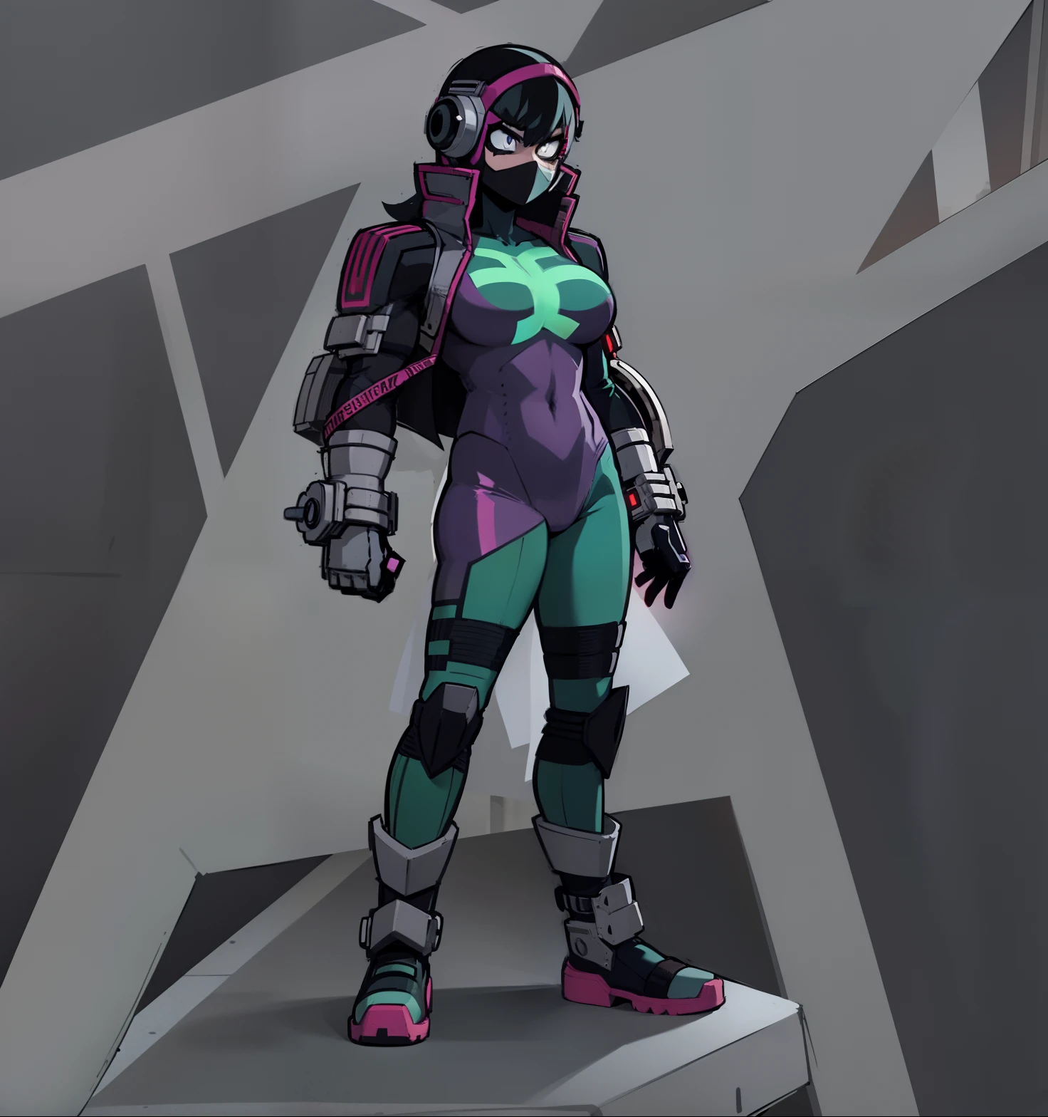 My Hero Academia style, anime Girl, female, wide thighs, wide hips, Large breast, muscular woman, trending on artstation pixiv, (full body shot:0.5), Masterpiece, fullbody suit, Hero costume, Head Covering, Helmet, Face Covering, Mask, Perfect Anatomy, Super Detailed,