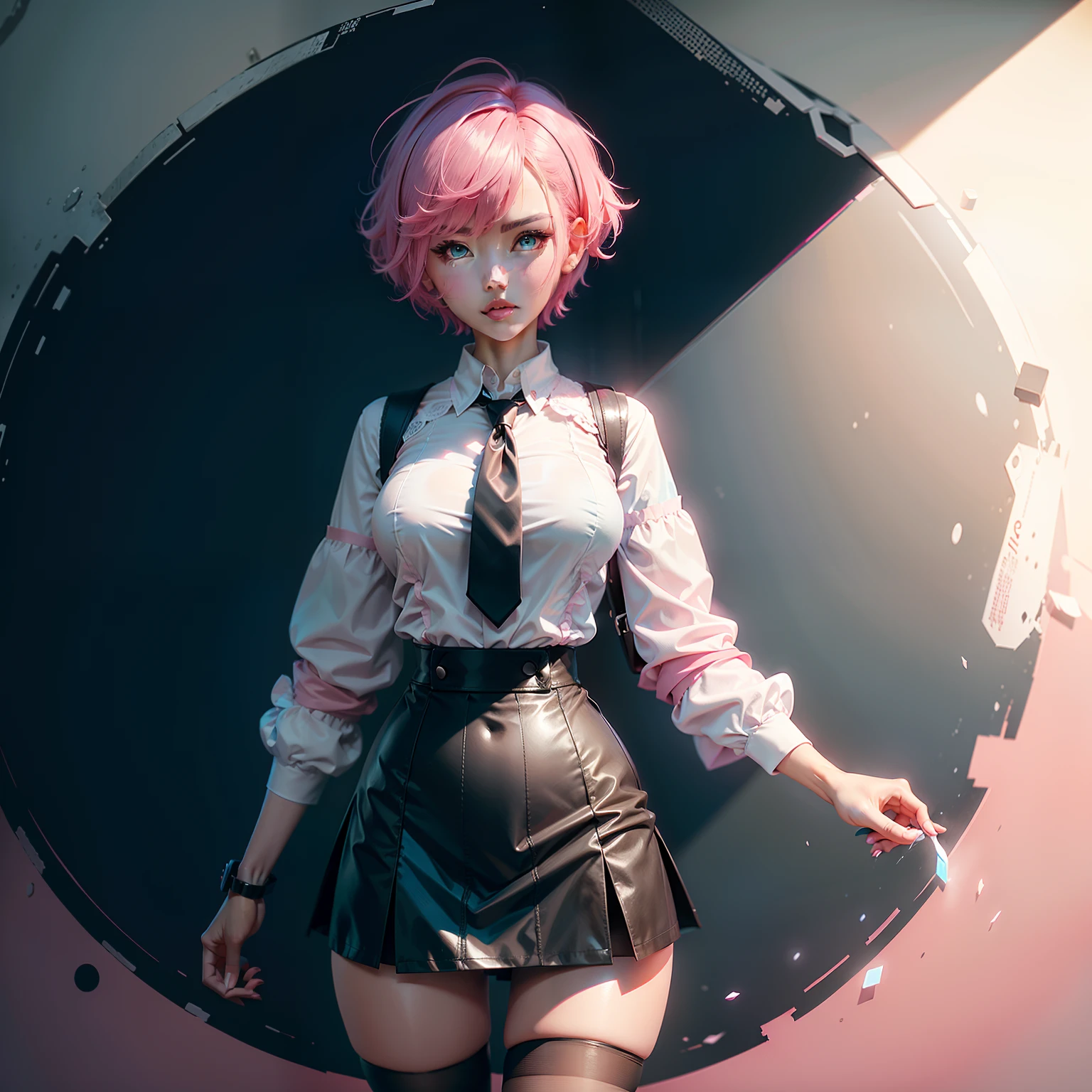 Original character, pink short hair, Cyan eyes, white blouse, red tie, black tights, Black miniskirt, (topquality, Amazing details: 1.25), (独奏: 1.3), Bright colorful paintings