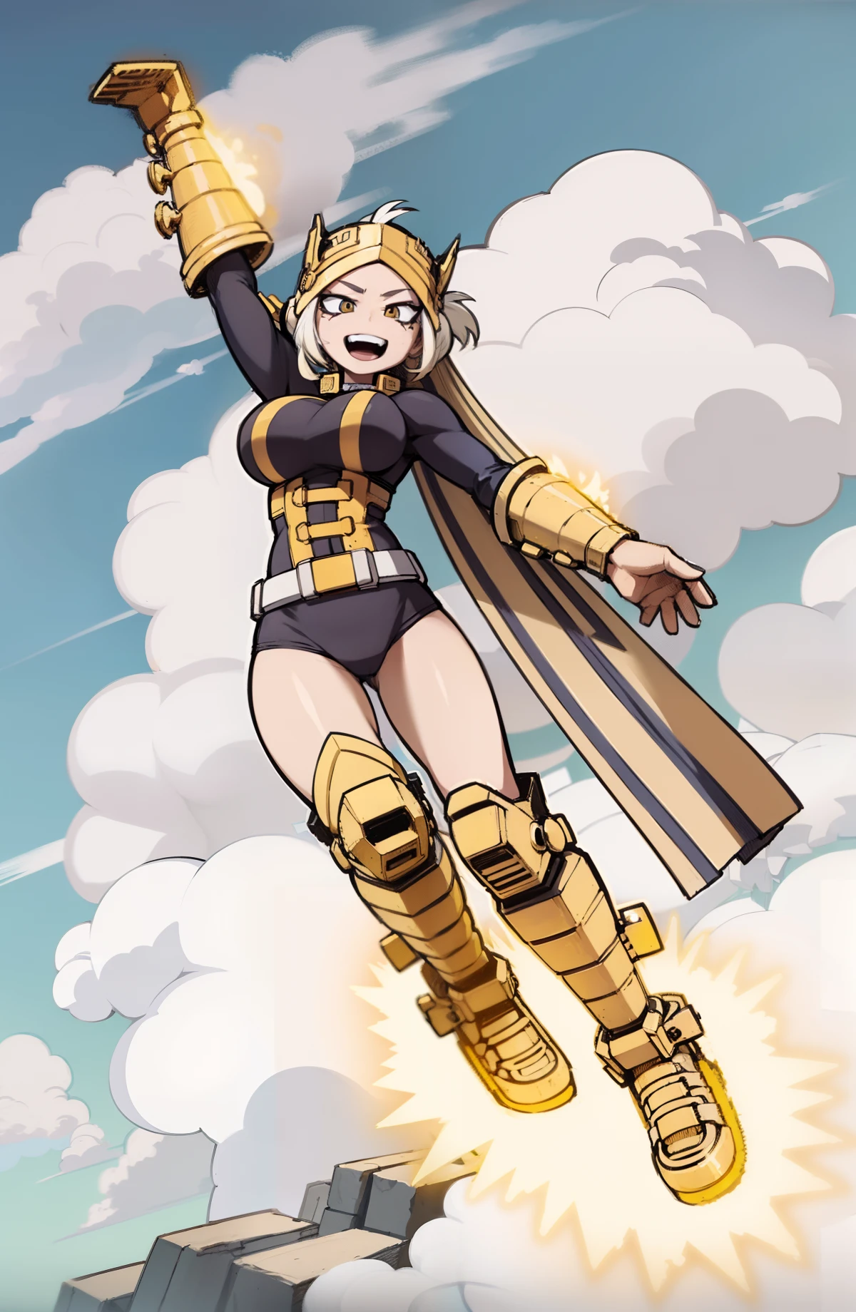 My Hero Academia style, anime Girl, female, wide thighs, wide hips, Large breast, muscular woman, trending on artstation pixiv, (full body shot:0.5), Masterpiece, fullbody suit, Hero costume, Head Covering, Helmet, Face Covering, Mask, Perfect Anatomy, Super Detailed,
