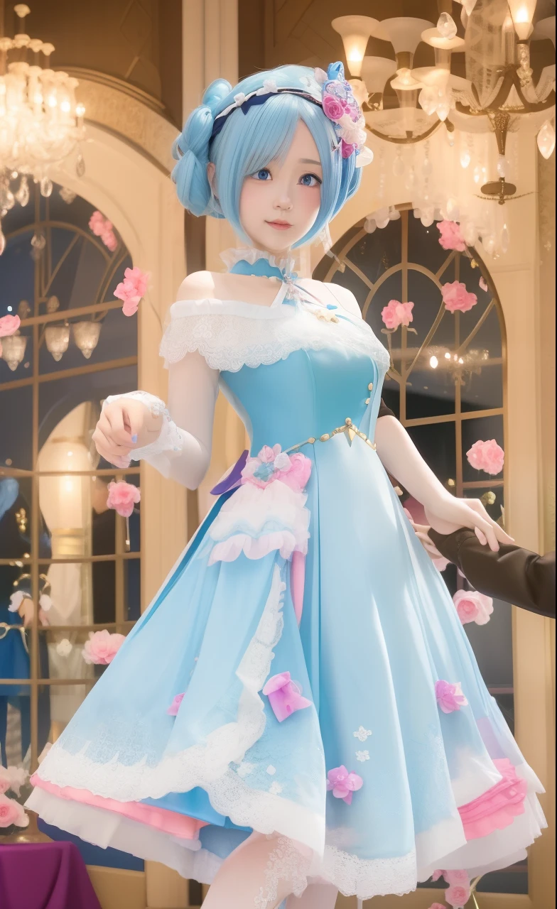 Anime image of woman in blue dress holding man's hand, rem rezero, in dress, 8K!!, anime key visual of elegant, 8K!, Lori, official artwork, sayori, my dress up darling anime, short blue haired woman, Official art, anime moe art style, !8K!, 4K!