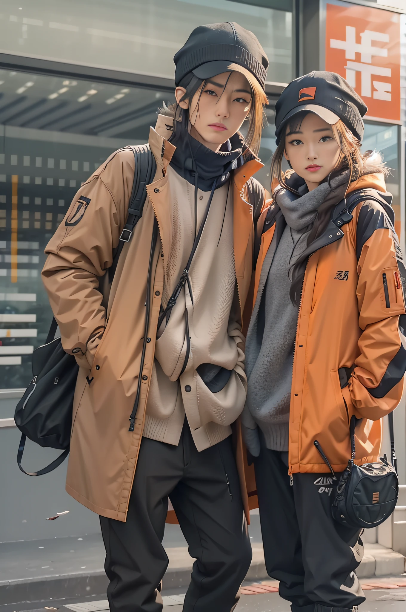 Alafeld men in orange jackets and hats stand in the field, 2 0 2 0 fashion, trench coat with many pockets, hiking clothes, wearing japanese techwear, trending on r/techwear outfit, outlive streetwear collection, wearing a fisher 🧥, modern casual clothing, casual modern clothing, techwear outfits, techwear look and clothes
