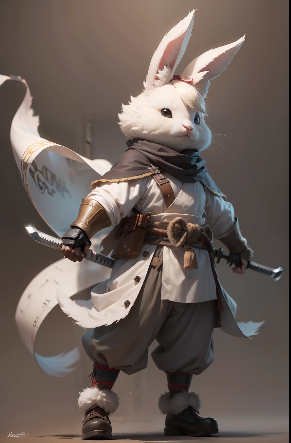 (on parchment paper character sheet), a full body shot, long shot of a cute fluffy white humanoid rabbit bandit with bandana head band, old parchment paper character sheet 24k resolution highly detailed photorealistic, realistic sketch, Rough sketch, mix of bold dark lines and loose lines, bold lines, humanoid, centered, focus on character, large samurai sword, and machine guns and fluffy bunny feet, ruff battle worn visage dusty cute.