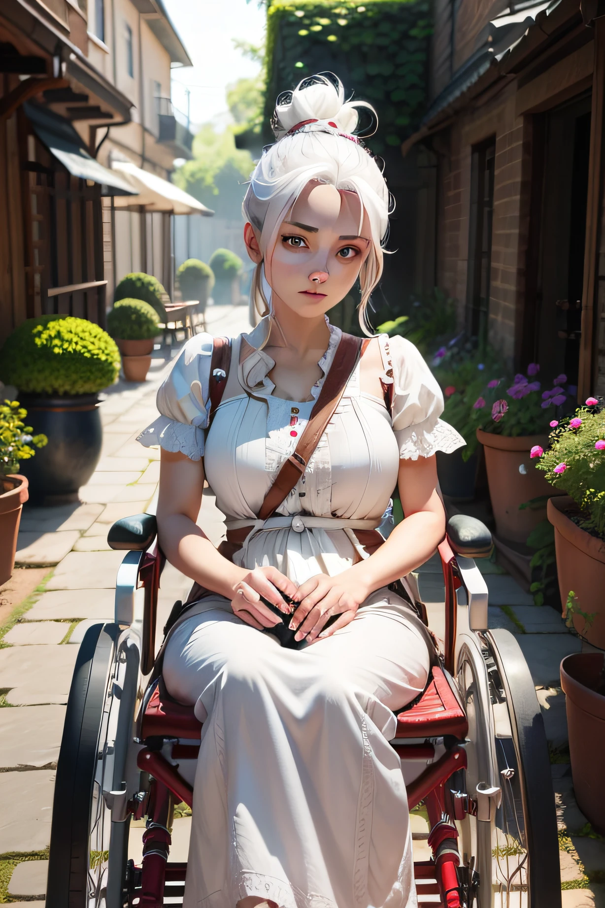 White hair tied back with crimson pupils, Wheelchair upright, Hanging bottle, Garden background